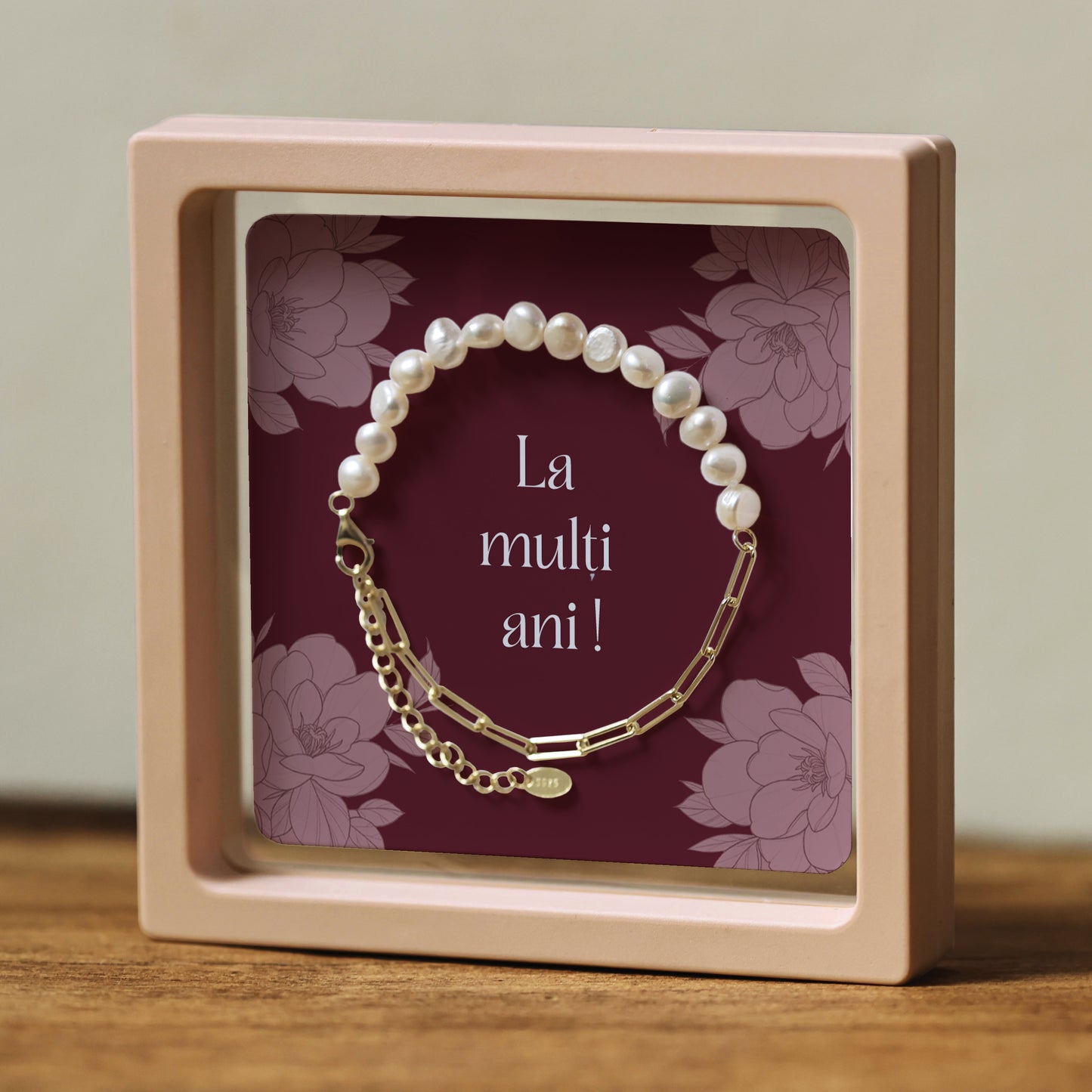 Cadou pentru Soră ❤ Brățară din argint placat și perle, cu mesaj aniversar, ramă 3 culori