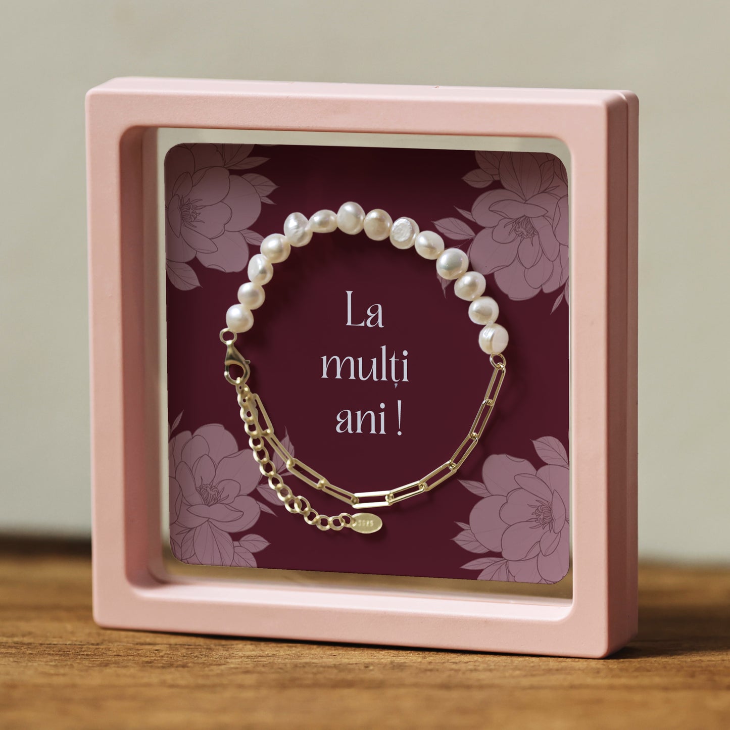 Cadou pentru Soră ❤ Brățară din argint placat și perle, cu mesaj aniversar, ramă 3 culori