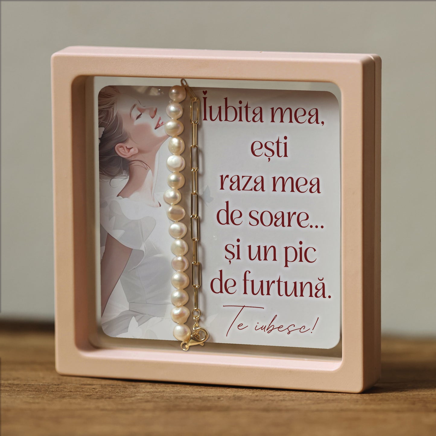 Cadou pentru Iubită ❤ Brățară din argint placat și perle, cu mesaj amuzant, ramă 3 culori