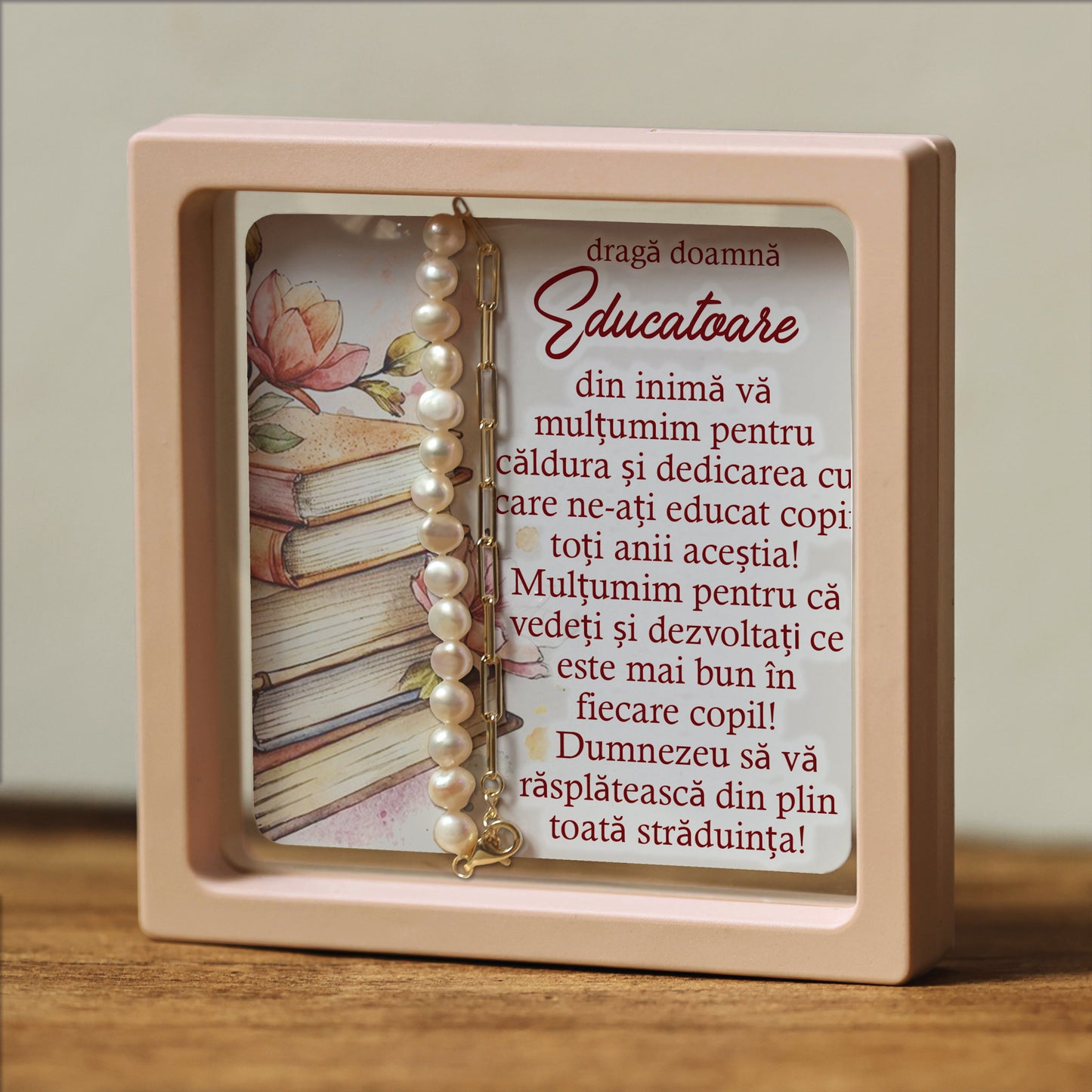 Cadou pentru Educatoare ❤ Brățară din argint placat și perle, cu mesaj, ramă 3 culori