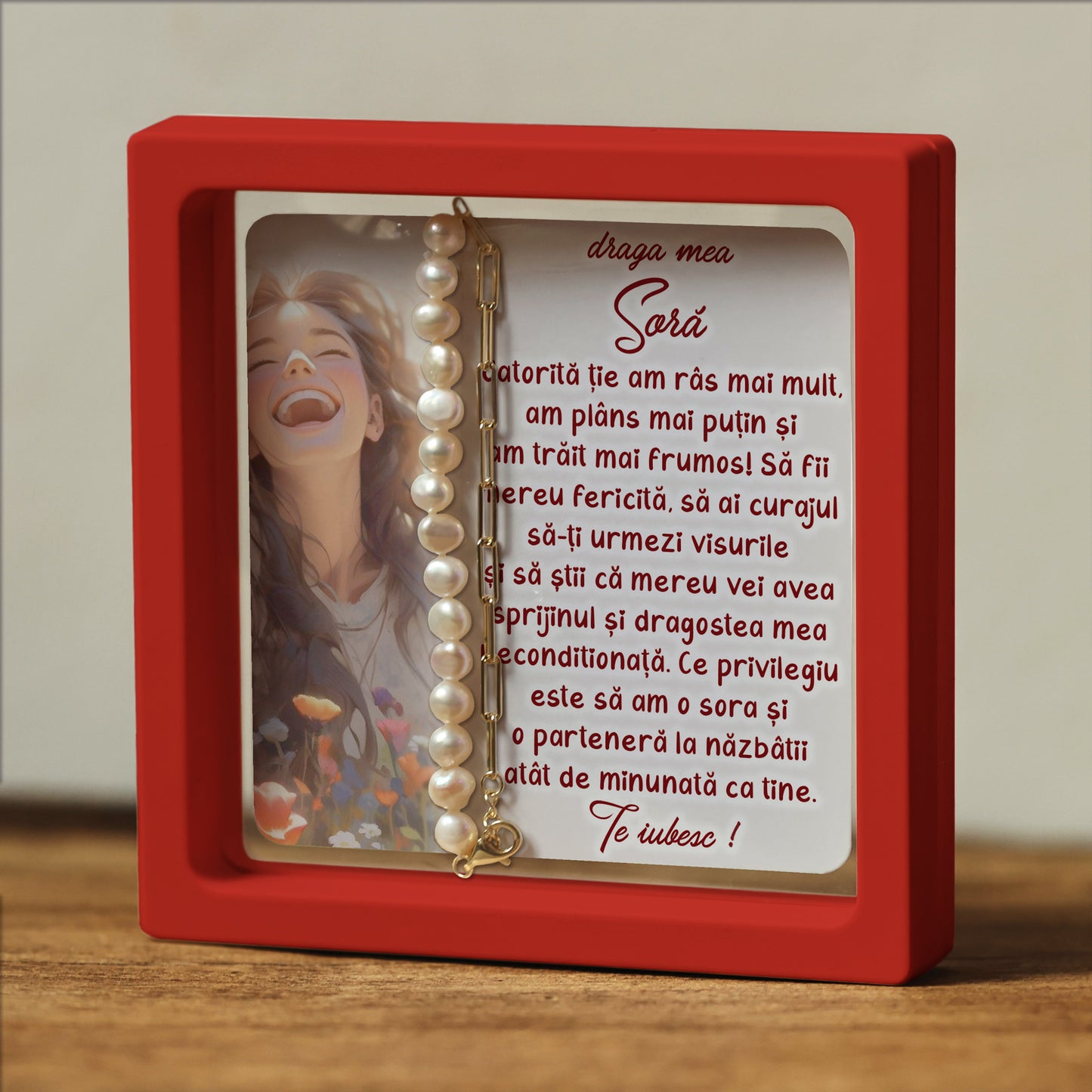 Cadou pentru Soră ❤ Brățară din argint placat și perle, cu mesaj, ramă 3 culori
