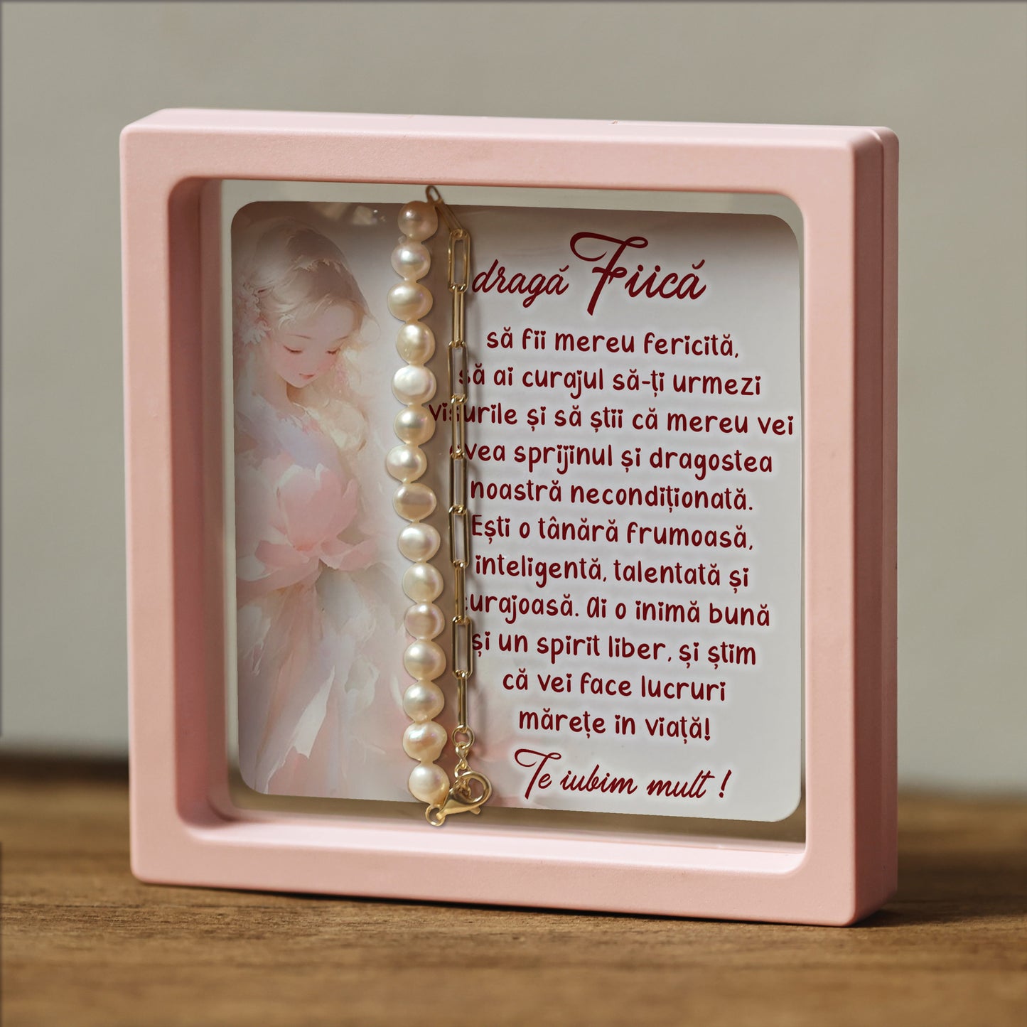 Cadou pentru Fiică ❤ Brățară din argint placat și perle, cu mesaj plural, ramă 3 culori