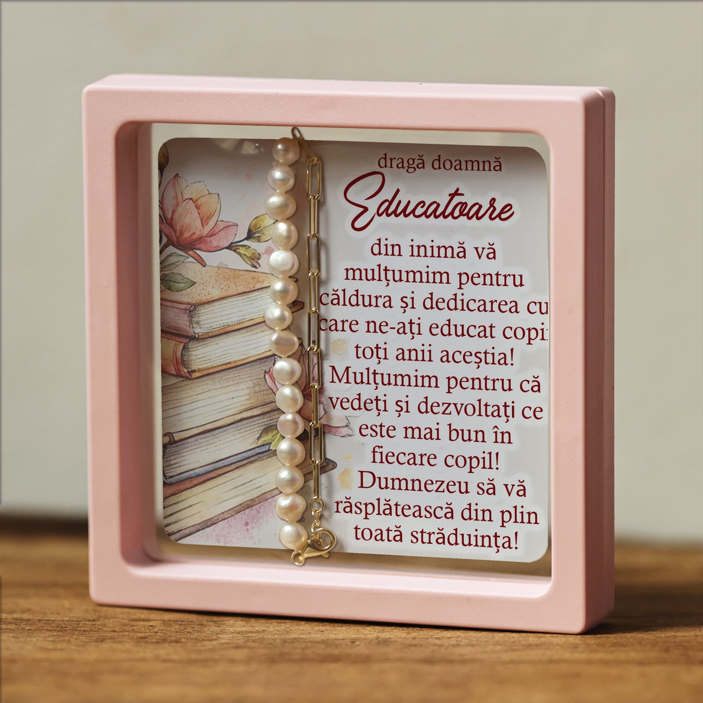 Cadou pentru Educatoare ❤ Brățară din argint placat și perle, cu mesaj, ramă 3 culori