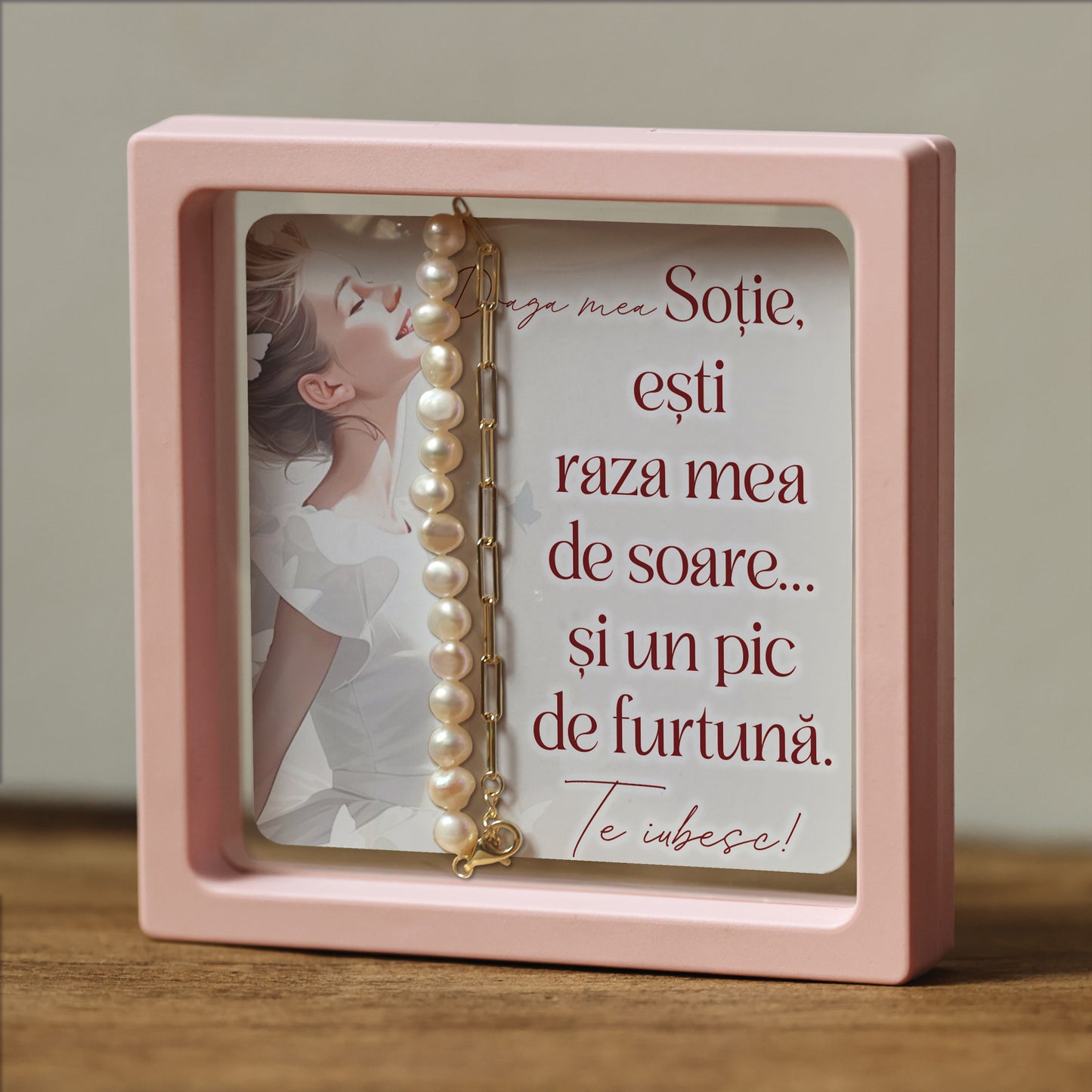Cadou pentru Sotie ❤ Brățară din argint placat și perle, cu mesaj amuzant, ramă 3 culori