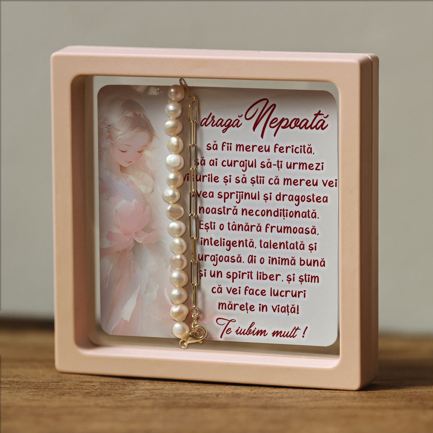 Cadou pentru Nepoată ❤ Brățară din argint placat și perle, cu mesaj plural, ramă 3 culori