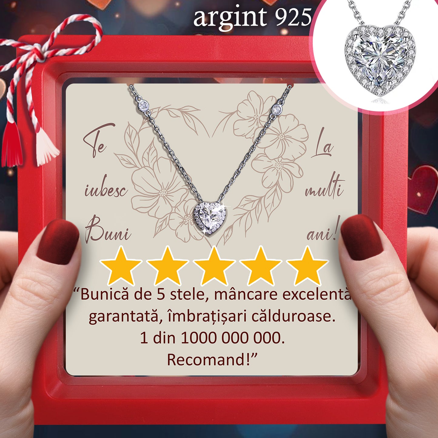 Cadou pentru Bunică ❤ Lanțișor din argint Inimă, cu mesaj "5 stele", ramă 3 culori