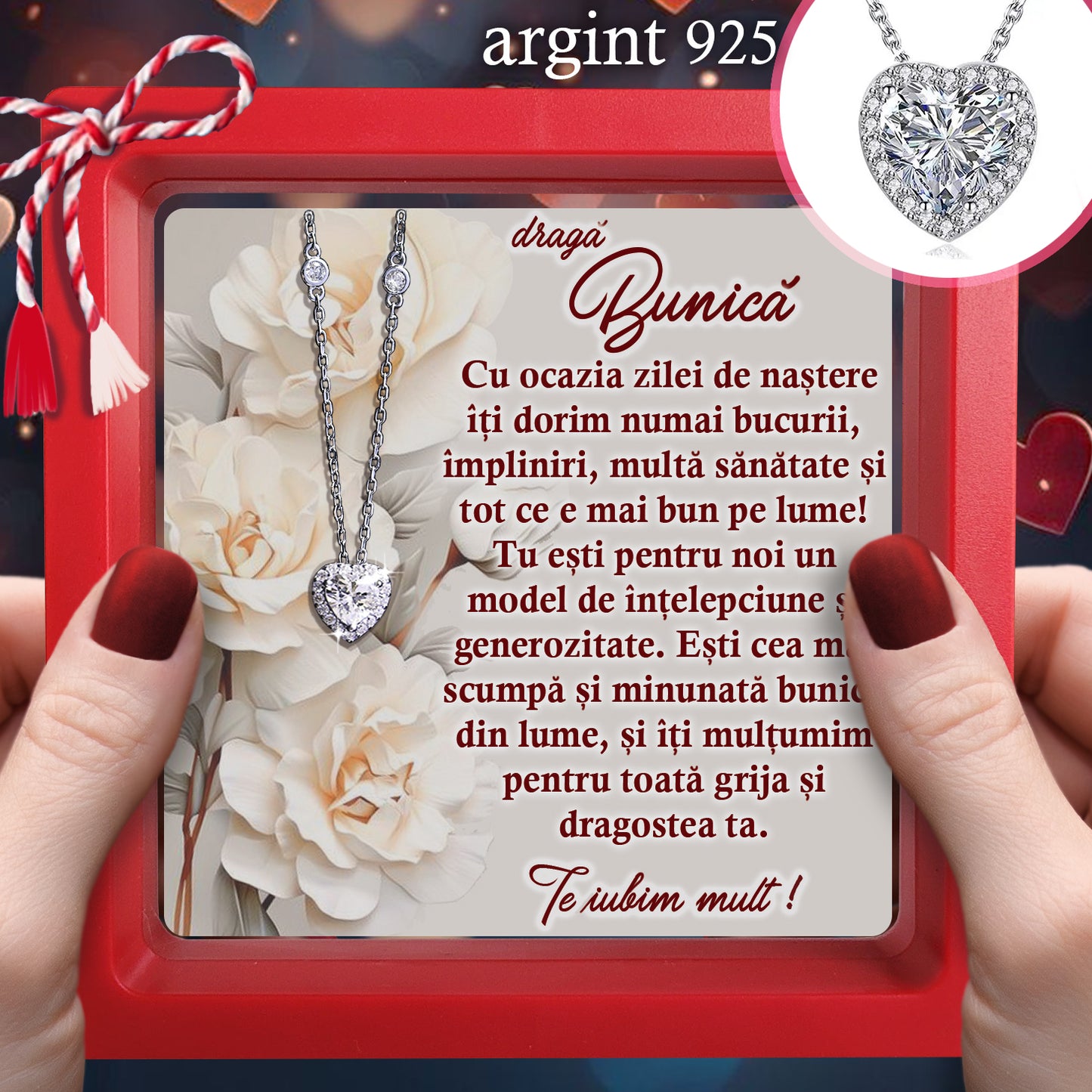 Cadou pentru Bunică ❤ Lănțișor din argint Inimă, cu mesaj plural, ramă 3 culori