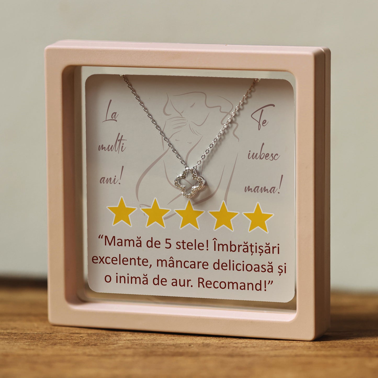 Cadou pentru Mamă ❤ Lanțișor din argint Floare, cu mesaj "5 stele", ramă 3 culori