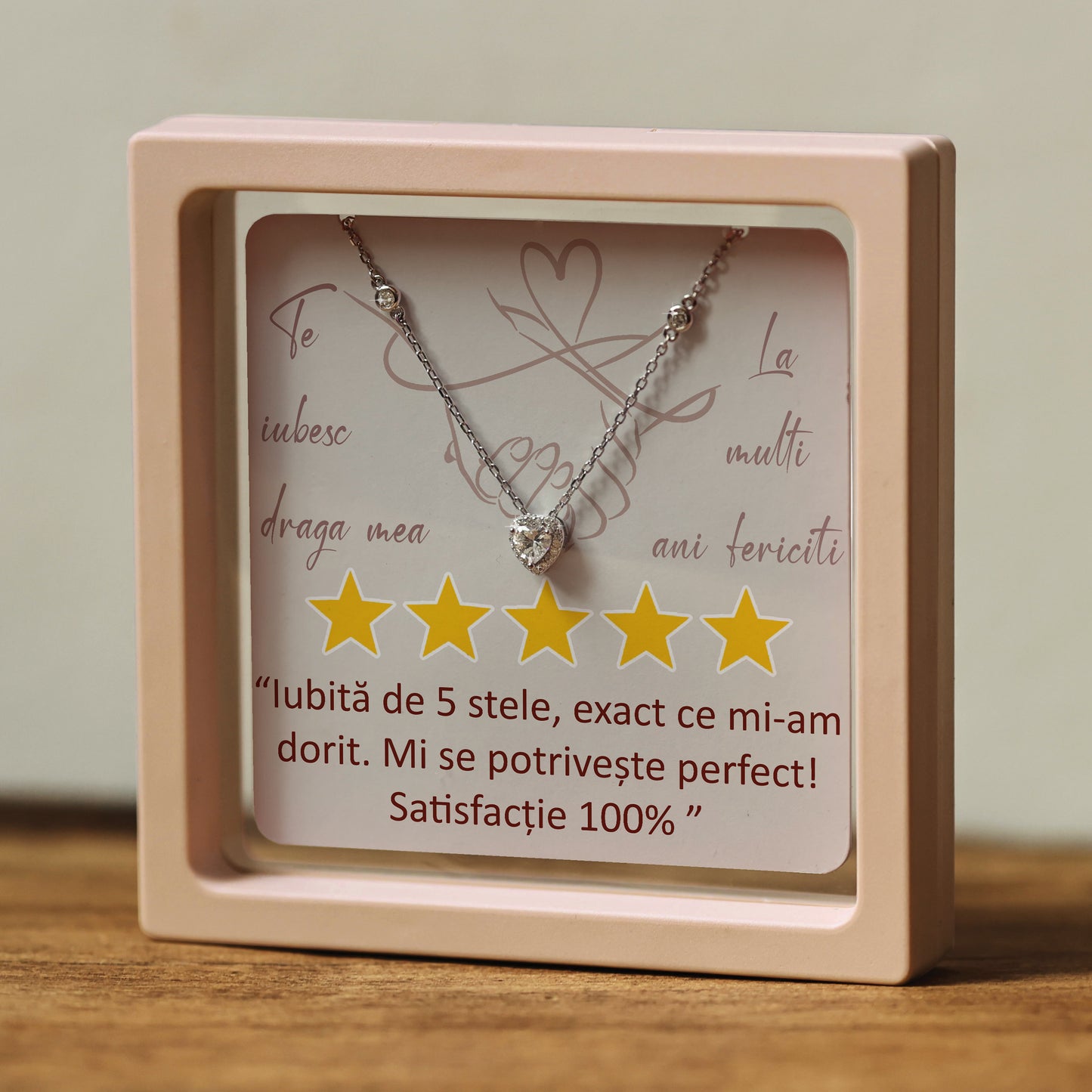 Cadou pentru Iubită ❤ Lănțișor din argint Inimă, cu mesaj "5 stele", ramă 3 culori