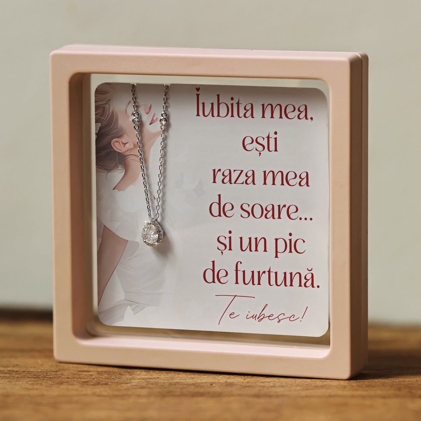 Cadou pentru Iubită ❤ Lănțișor din argint Strop, cu mesaj amuzant ramă 3 culori