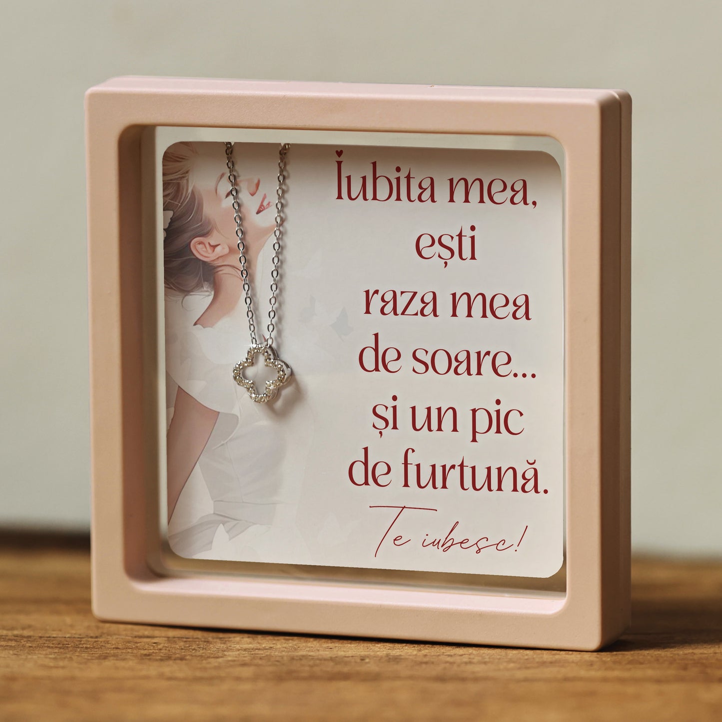 Cadou pentru Iubita ❤ Lanțișor din argint Floare, cu mesaj amuzant, ramă 3 culori