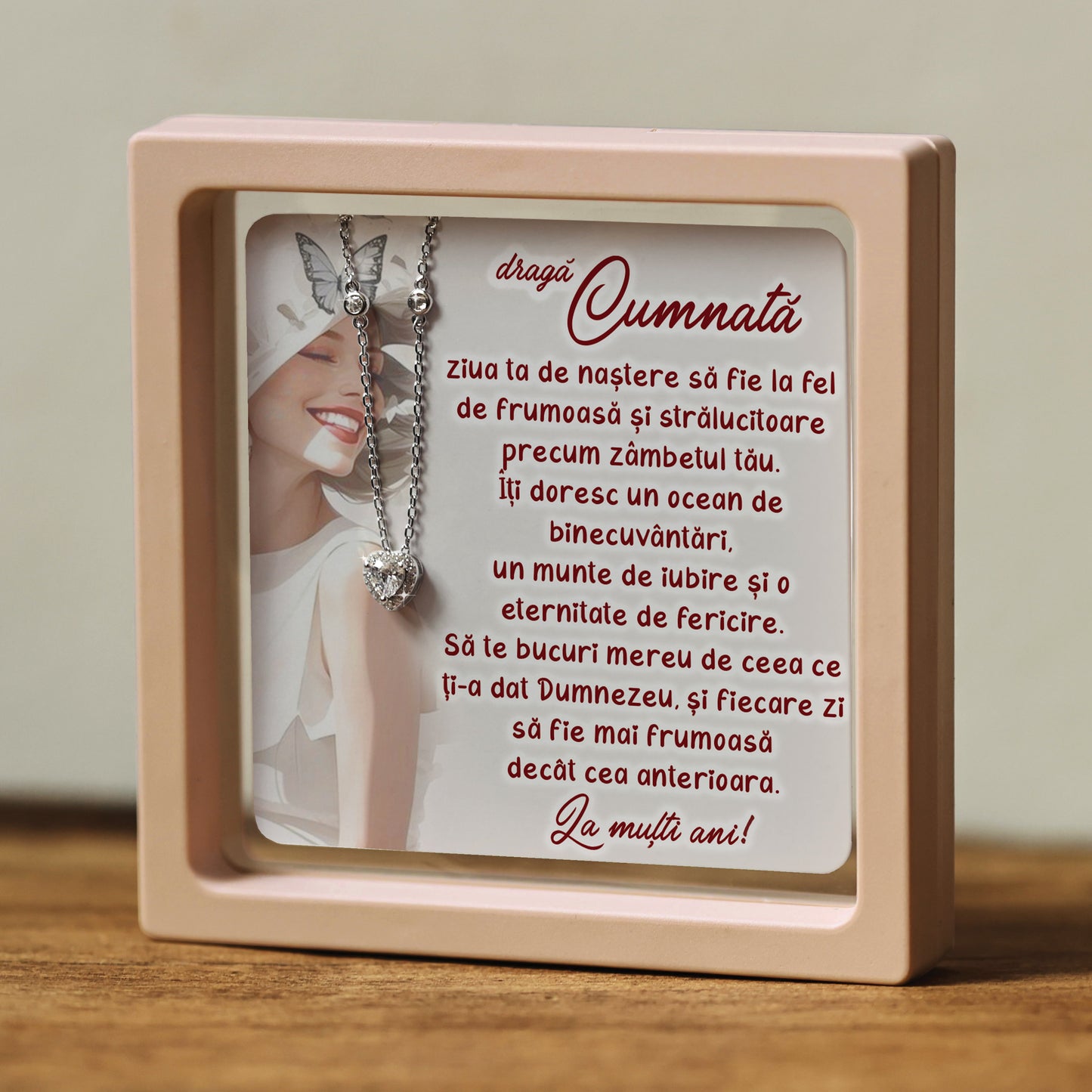 Cadou pentru Cumnată ❤ Lănțișor din argint Inimă, cu mesaj, ramă 3 culori