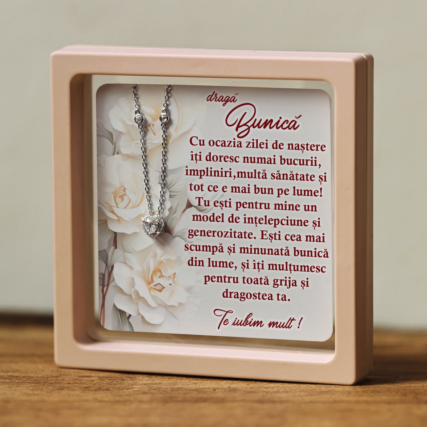 Cadou pentru Bunică ❤ Lănțișor din argint Inimă, cu mesaj singular, ramă 3 culori