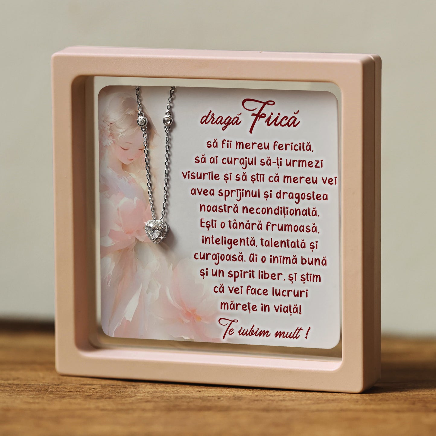 Cadou pentru Fiică ❤ Lanțișor din argint Inimă, cu mesaj plural, ramă 3 culori
