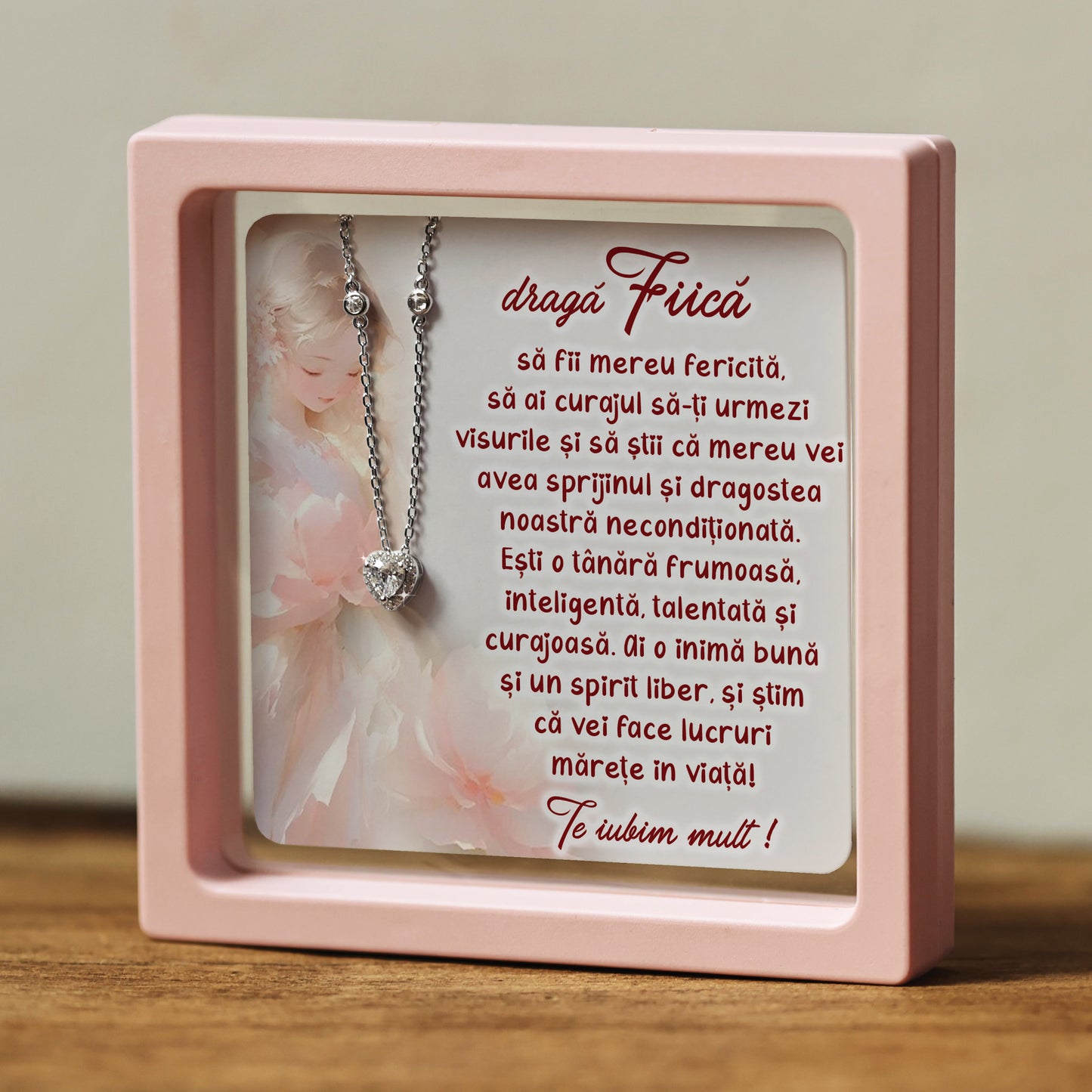 Cadou pentru Fiică ❤ Lanțișor din argint Inimă, cu mesaj plural, ramă 3 culori