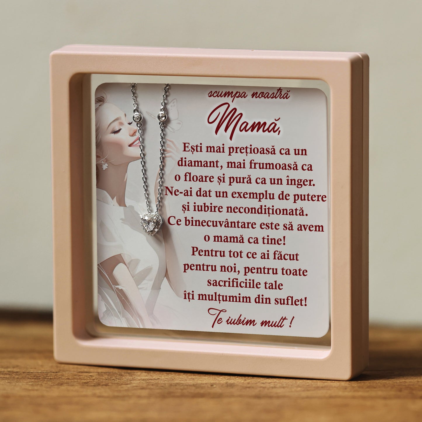 Cadou pentru Mamă ❤ Lanțișor din argint Inimă, cu mesaj plural, ramă 3 culori