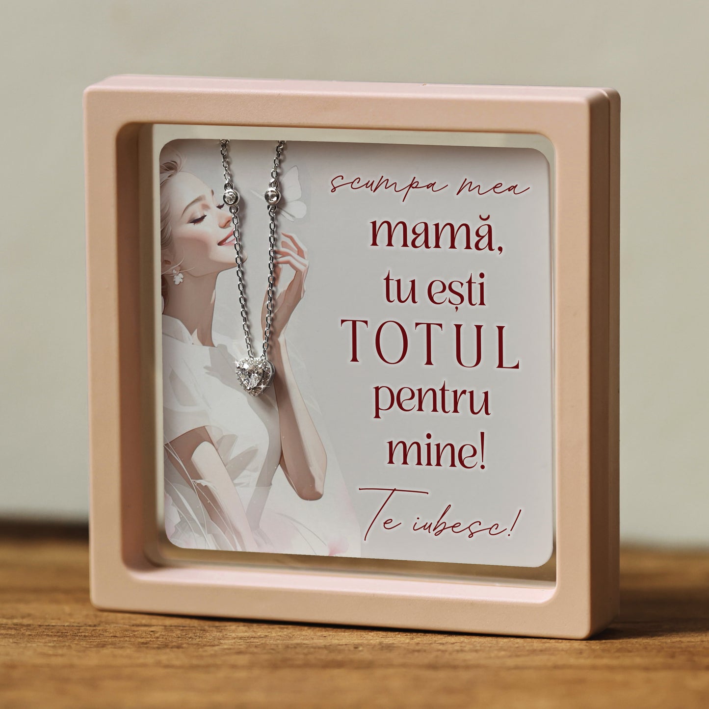 Cadou pentru Mamă ❤ Lanțișor din argint Inimă, cu mesaj 'TOTUL', ramă 3 culori