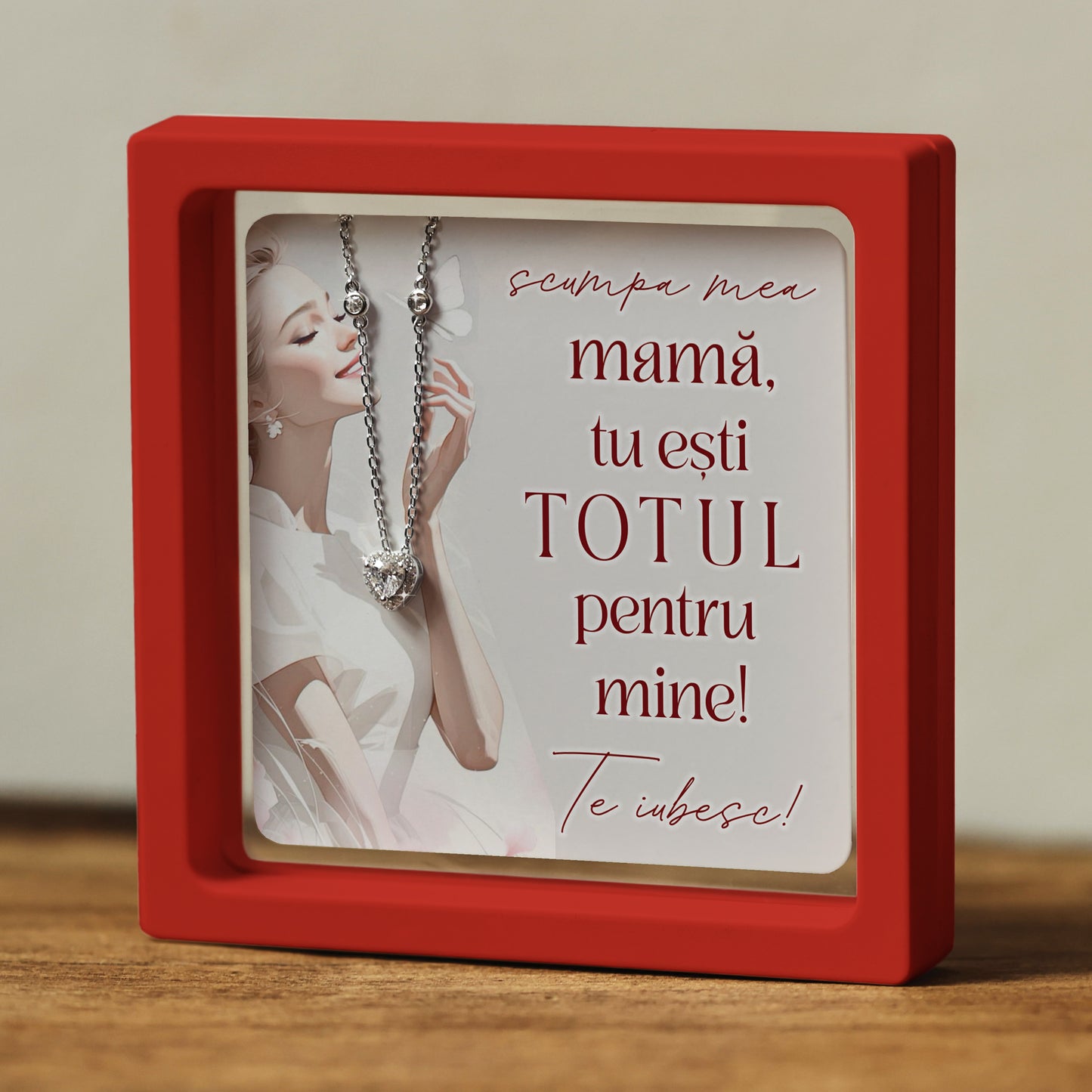 Cadou pentru Mamă ❤ Lanțișor din argint Inimă, cu mesaj 'TOTUL', ramă 3 culori