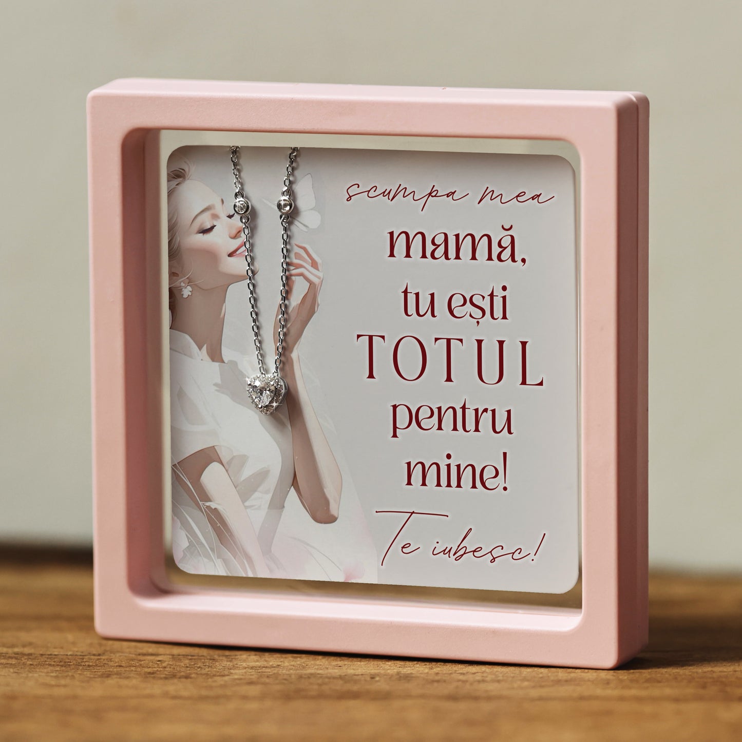 Cadou pentru Mamă ❤ Lanțișor din argint Inimă, cu mesaj 'TOTUL', ramă 3 culori