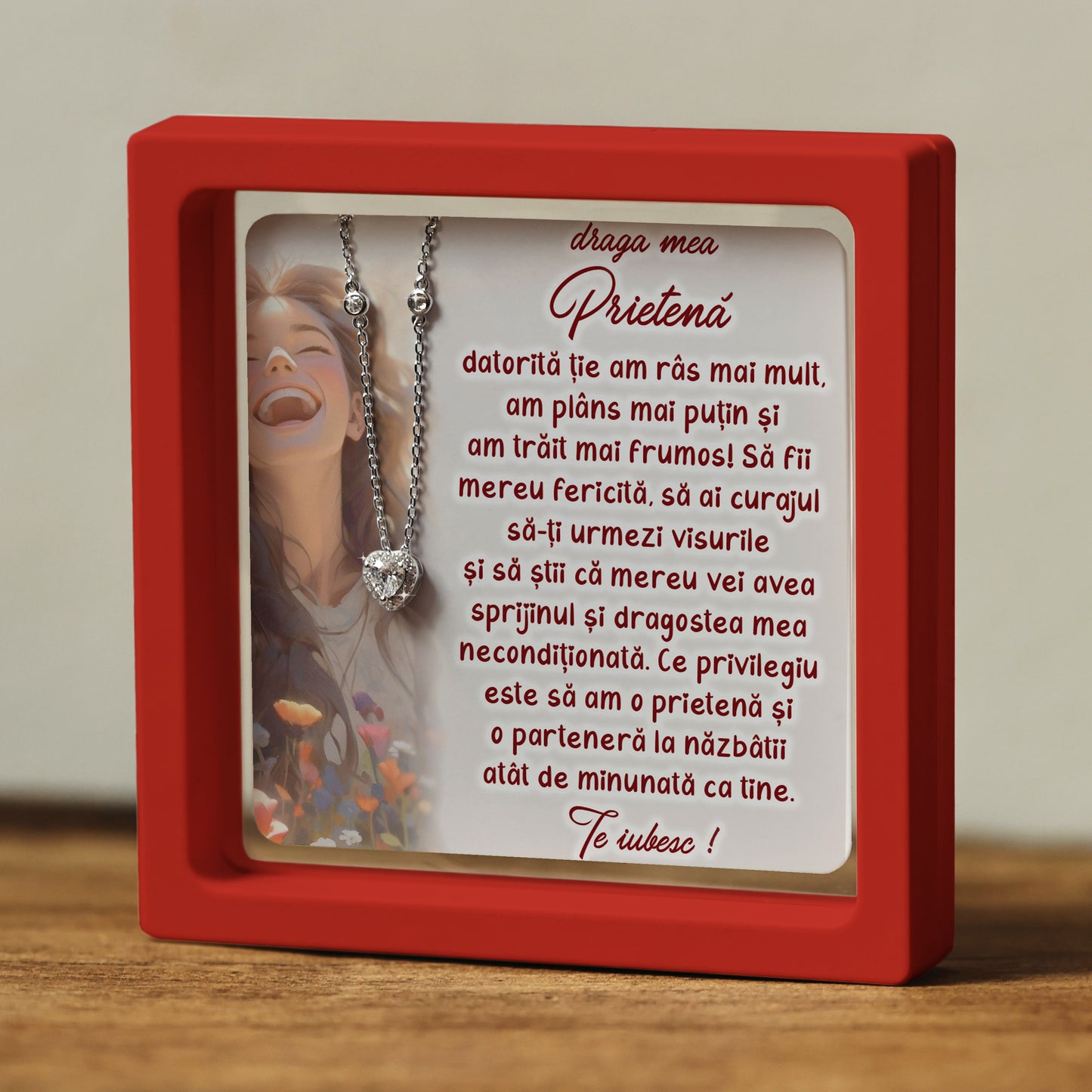 Cadou pentru Prietenă ❤ Lanțișor din argint Inimă, cu mesaj, ramă 3 culori