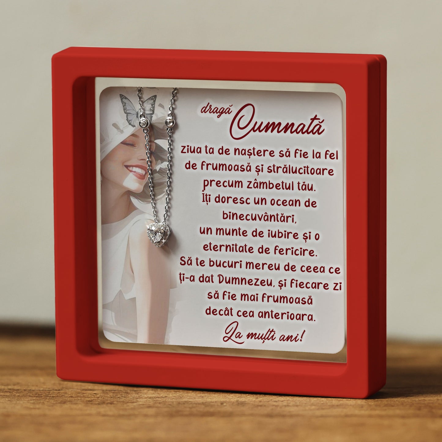 Cadou pentru Cumnată ❤ Lănțișor din argint Inimă, cu mesaj, ramă 3 culori