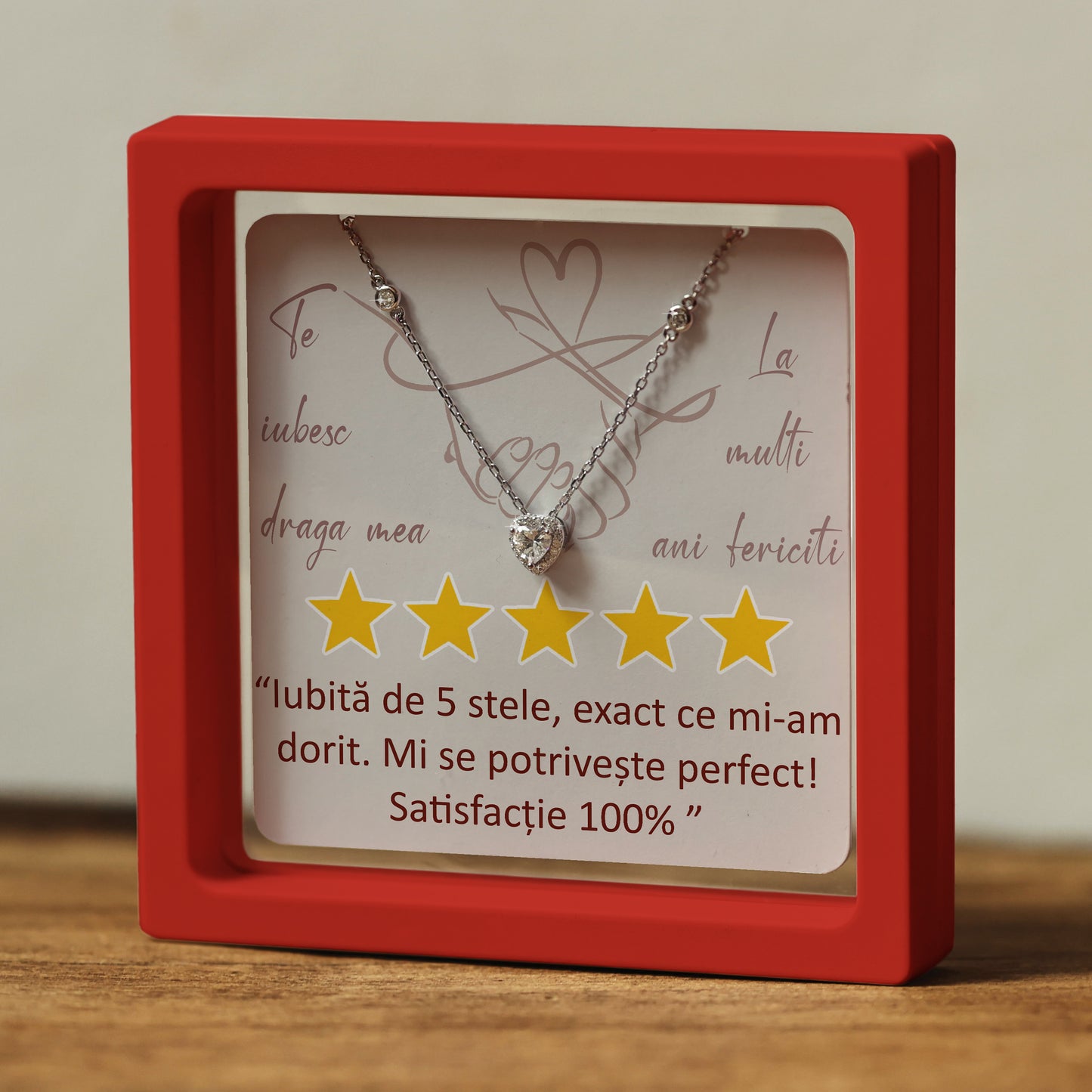 Cadou pentru Iubită ❤ Lănțișor din argint Inimă, cu mesaj "5 stele", ramă 3 culori