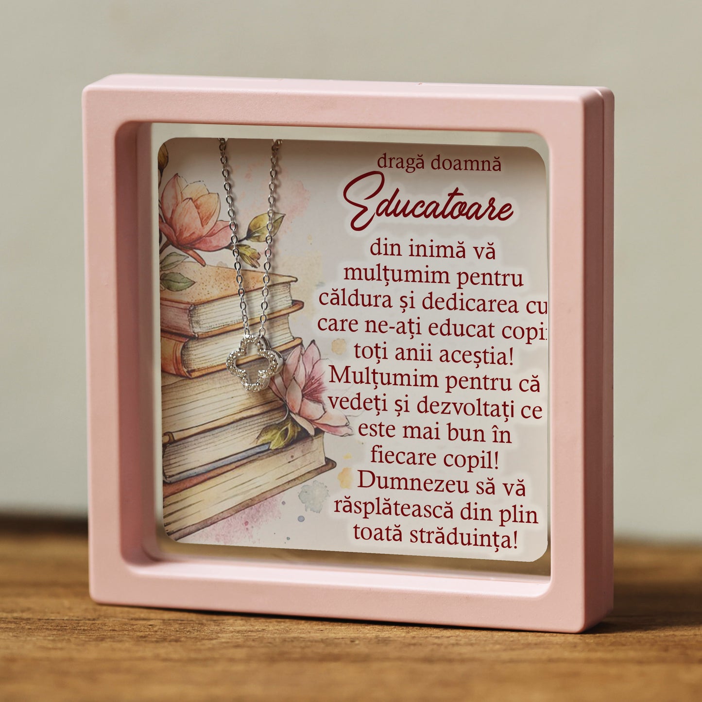 Cadou pentru Educatoare ❤ Lănțișor din argint Floare, cu mesaj, ramă 3 culori