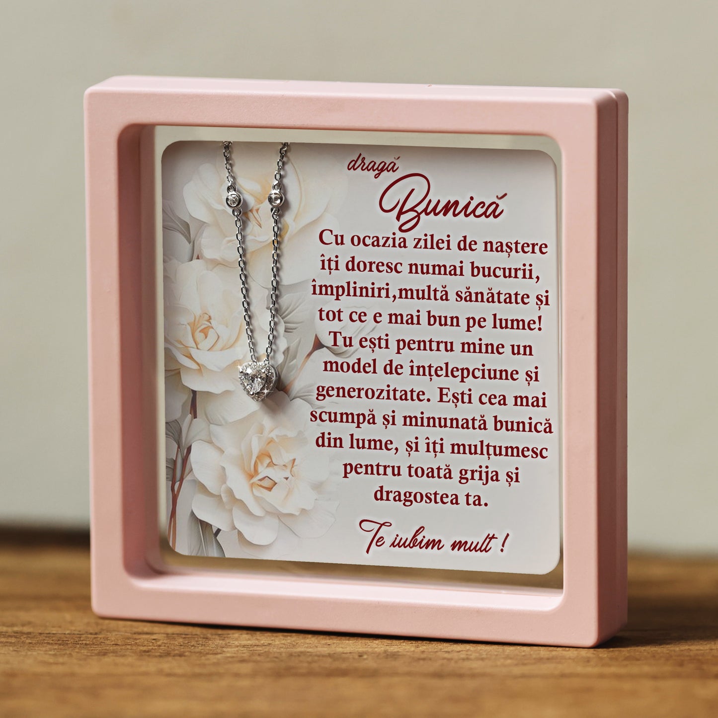 Cadou pentru Bunică ❤ Lănțișor din argint Inimă, cu mesaj singular, ramă 3 culori