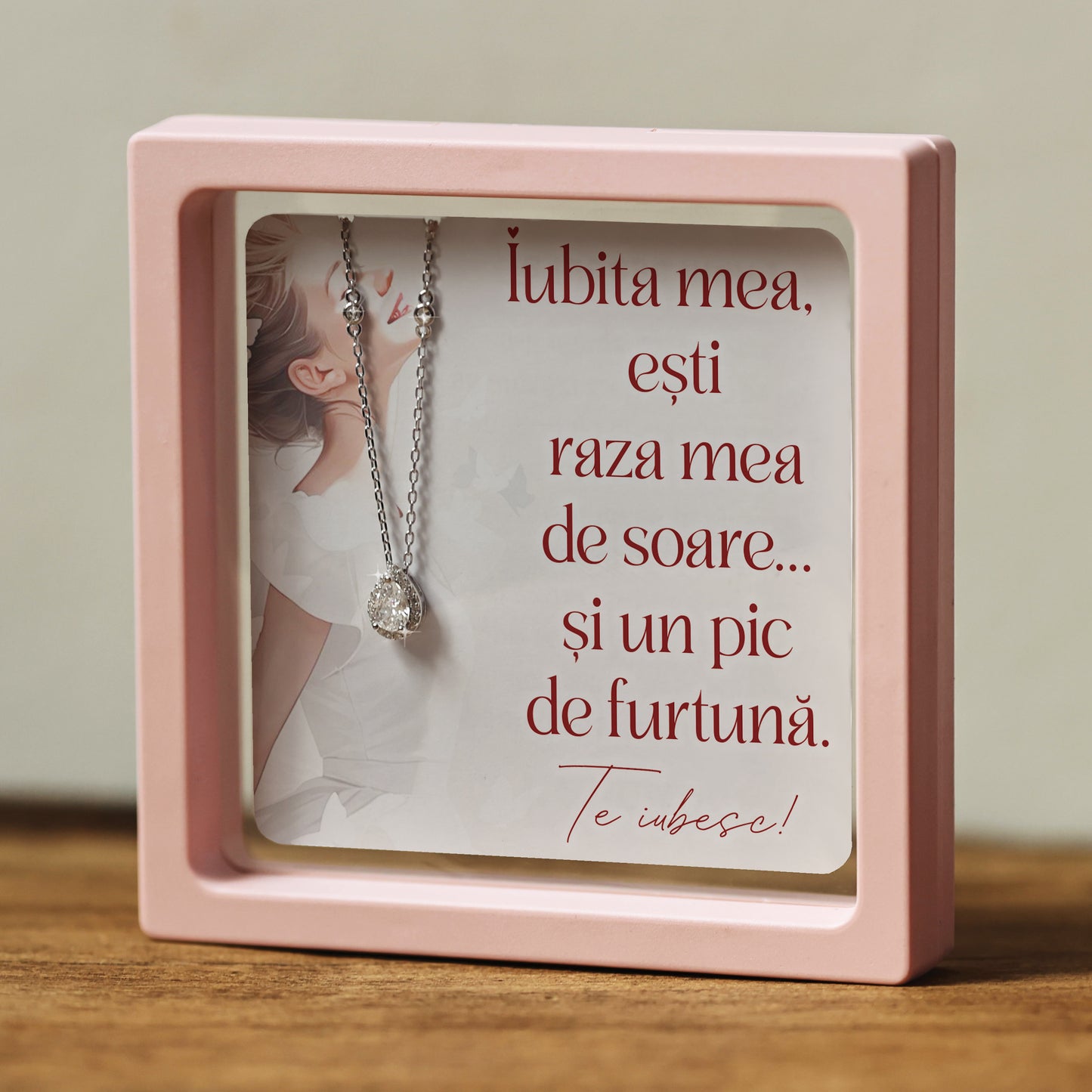 Cadou pentru Iubită ❤ Lănțișor din argint Strop, cu mesaj amuzant ramă 3 culori
