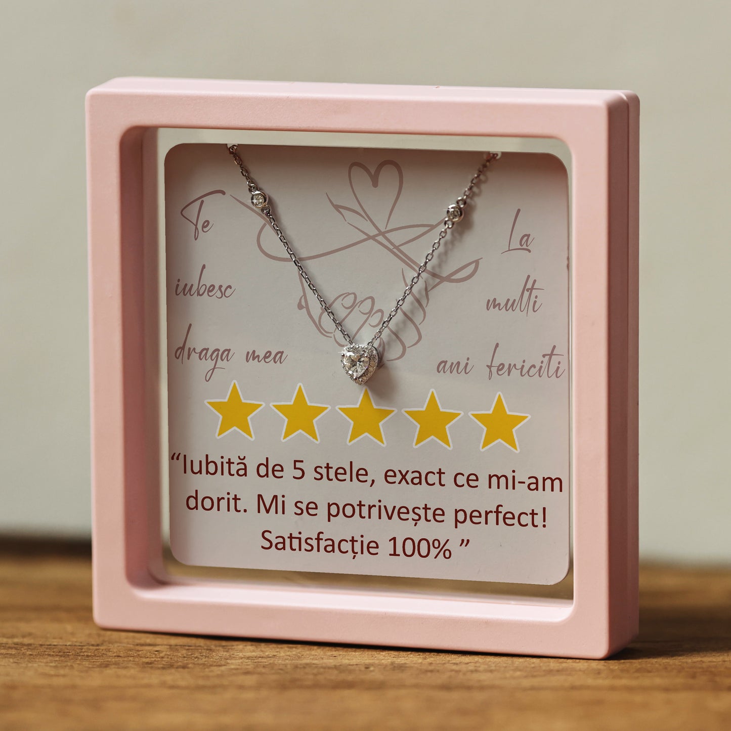 Cadou pentru Iubită ❤ Lănțișor din argint Inimă, cu mesaj "5 stele", ramă 3 culori