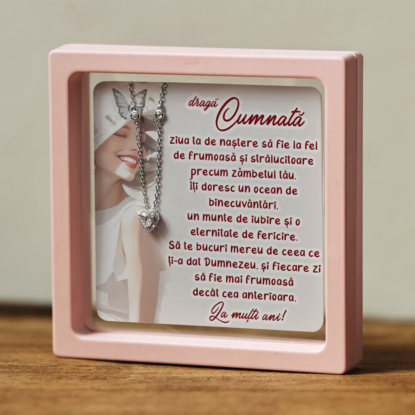 Cadou pentru Cumnată ❤ Lănțișor din argint Inimă, cu mesaj, ramă 3 culori