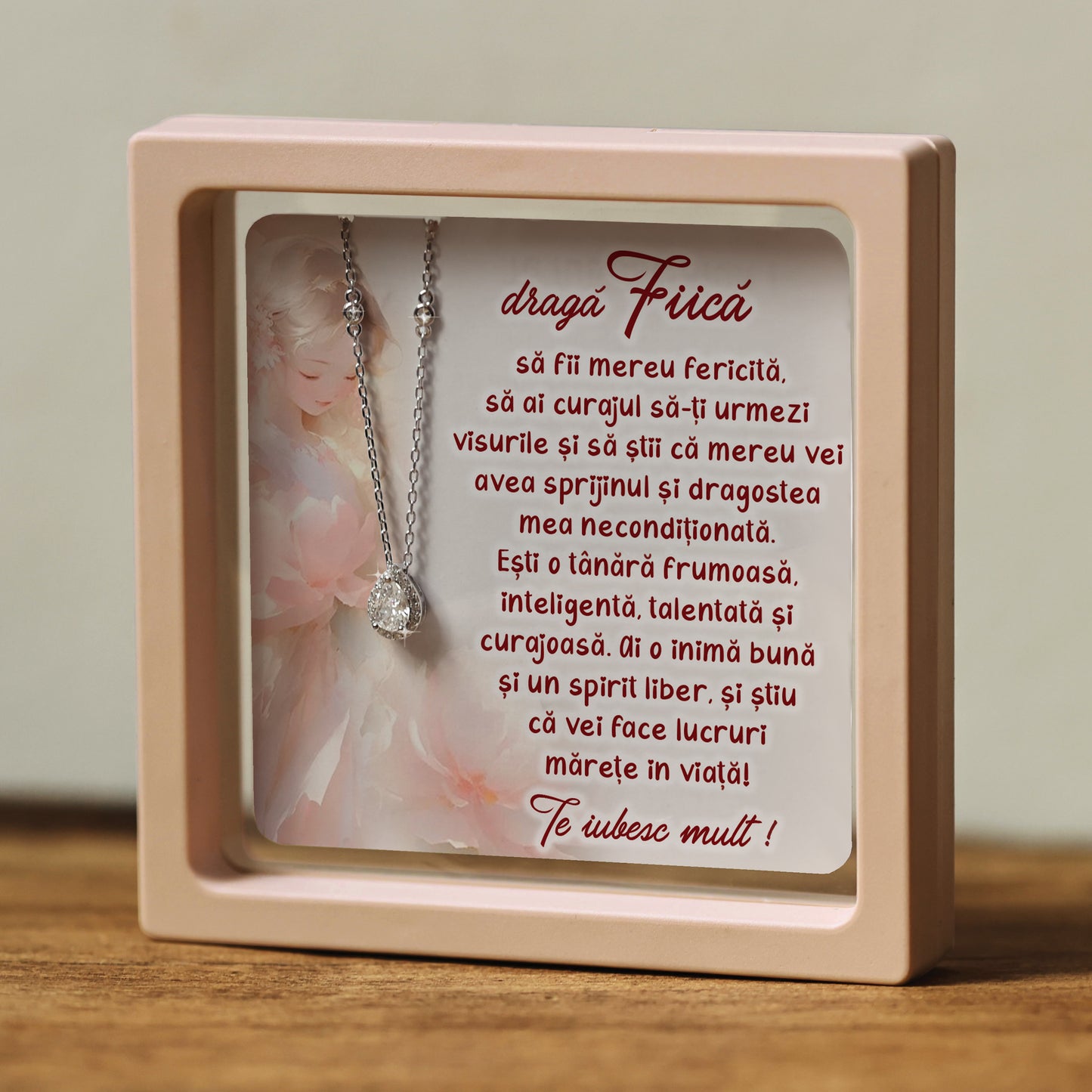 Cadou pentru Fiică ❤ Lanțișor din argint Strop, cu mesaj singular, ramă 3 culori