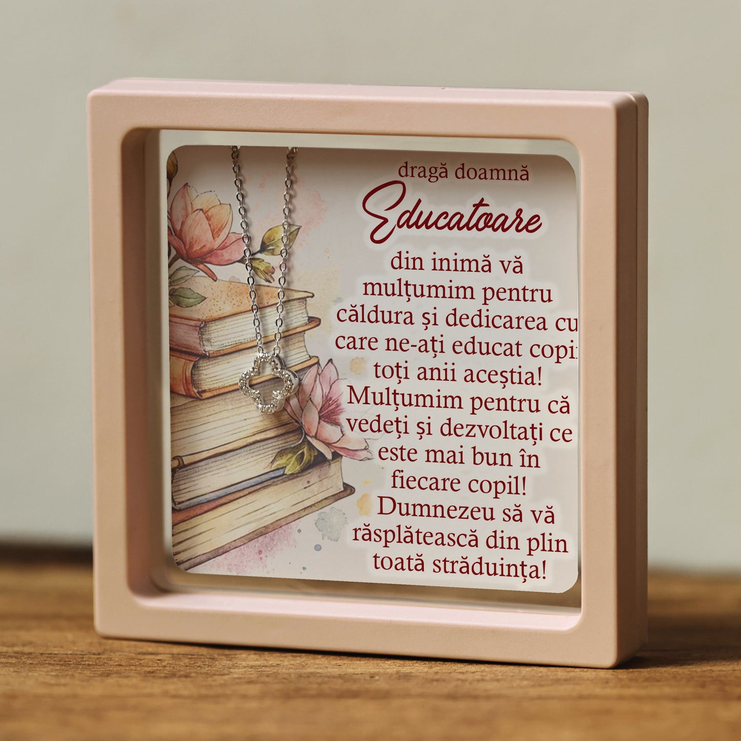 Cadou pentru Educatoare ❤ Lănțișor din argint Floare, cu mesaj, ramă 3 culori