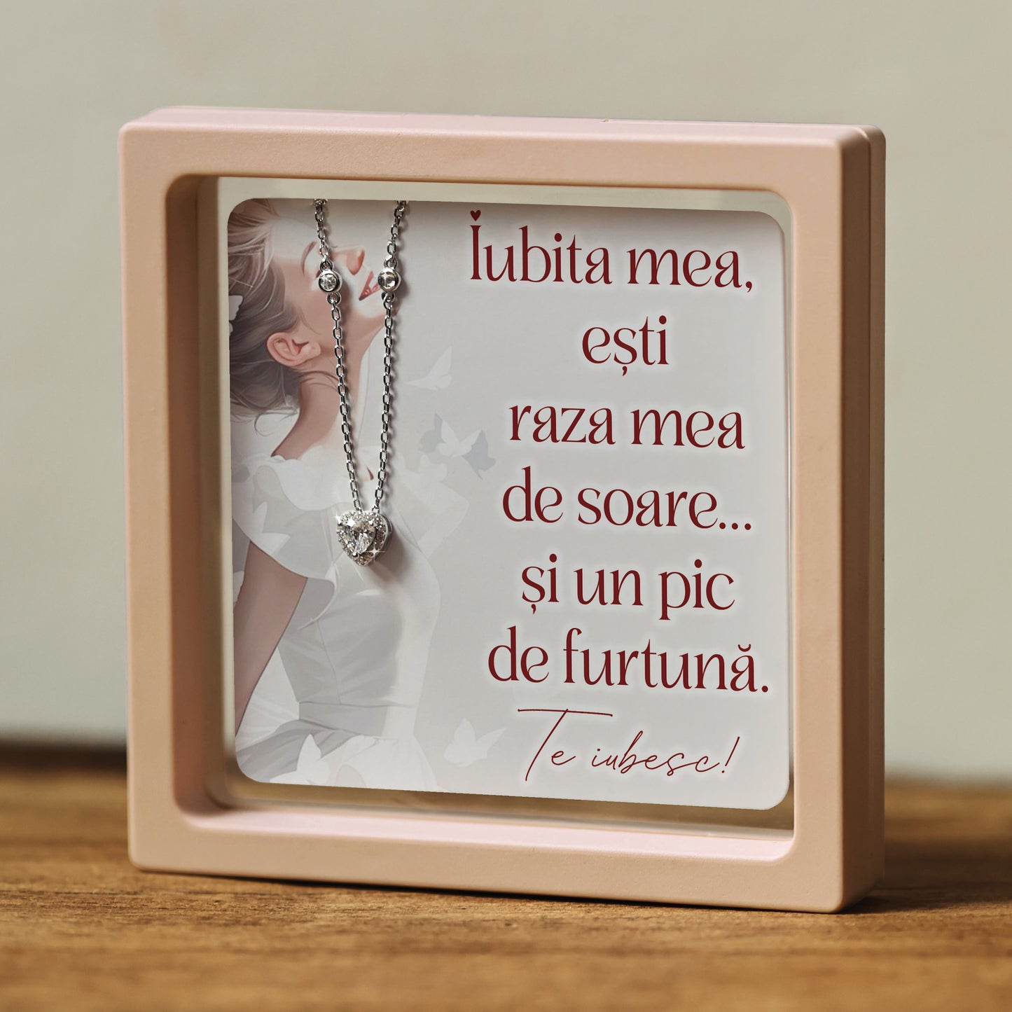 Cadou pentru Iubită ❤ Lănțișor din argint Inimă, cu mesaj amuzant ramă 3 culori