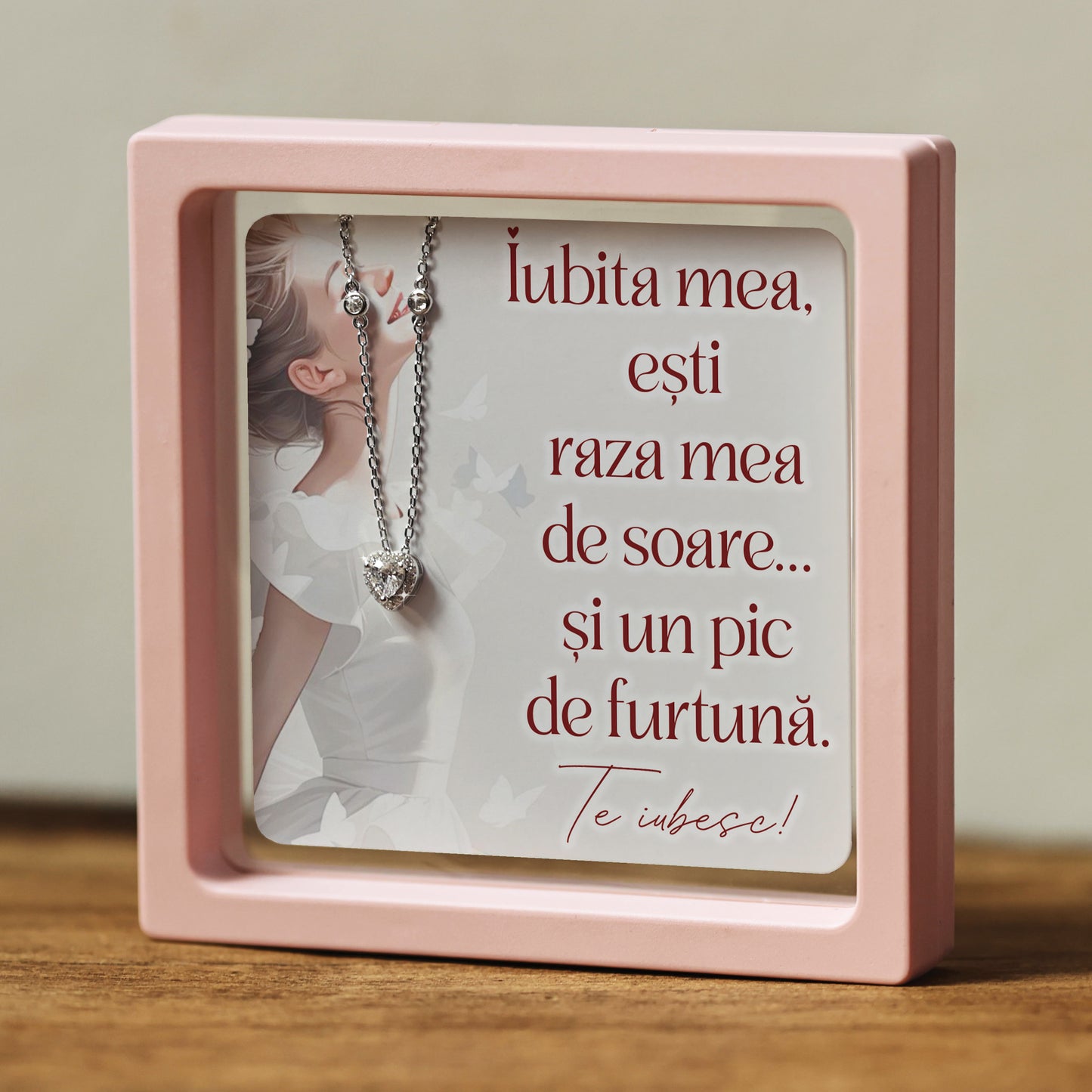 Cadou pentru Iubită ❤ Lănțișor din argint Inimă, cu mesaj amuzant ramă 3 culori