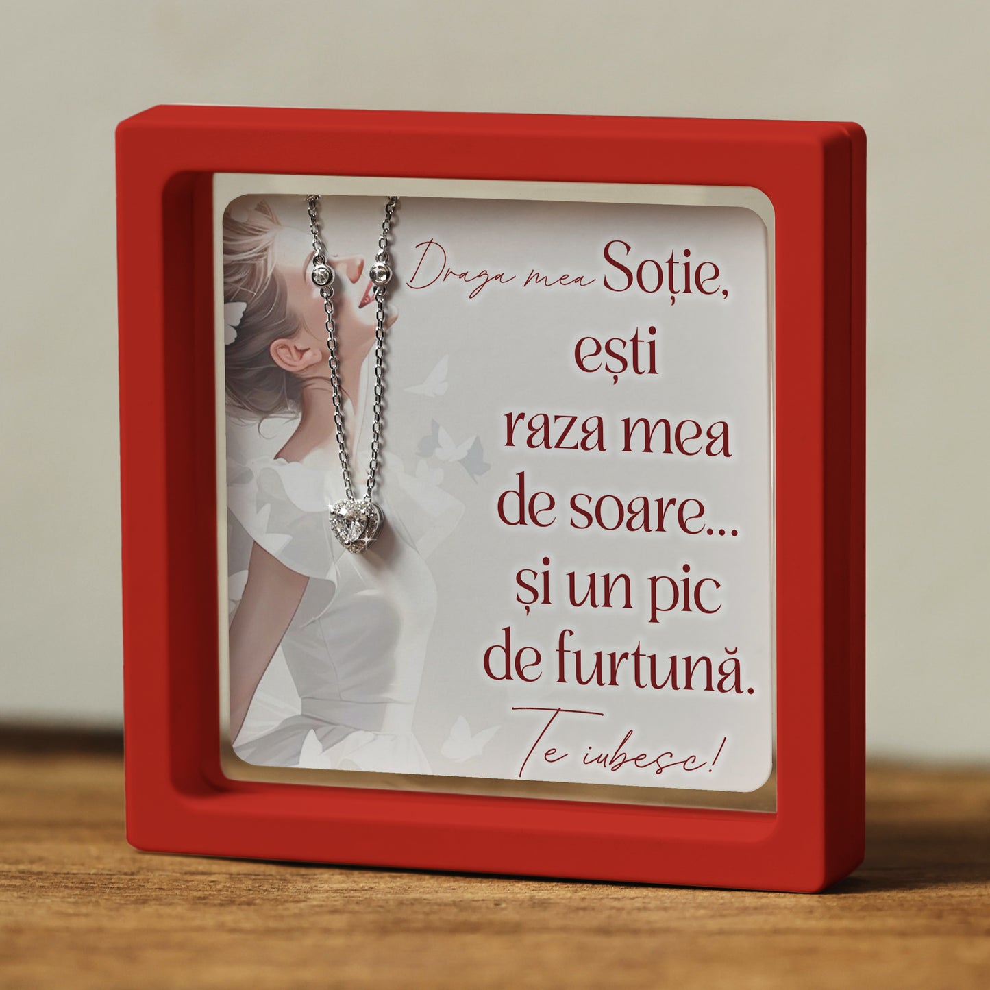 Cadou pentru Soție ❤ Lanțișor din argint Inimă, cu mesaj amuzant, ramă 3 culori