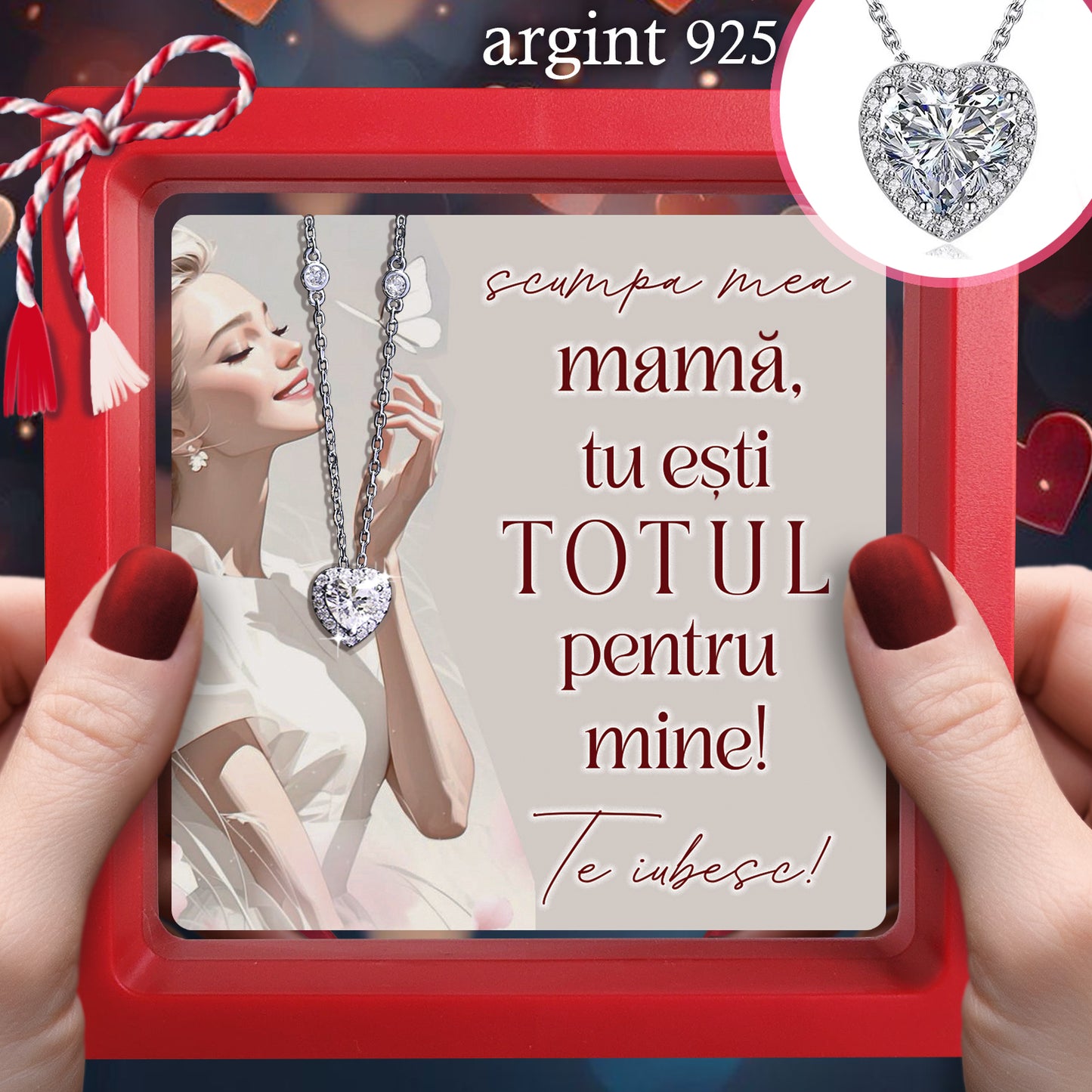 Cadou pentru Mamă ❤ Lanțișor din argint Inimă, cu mesaj 'TOTUL', ramă 3 culori