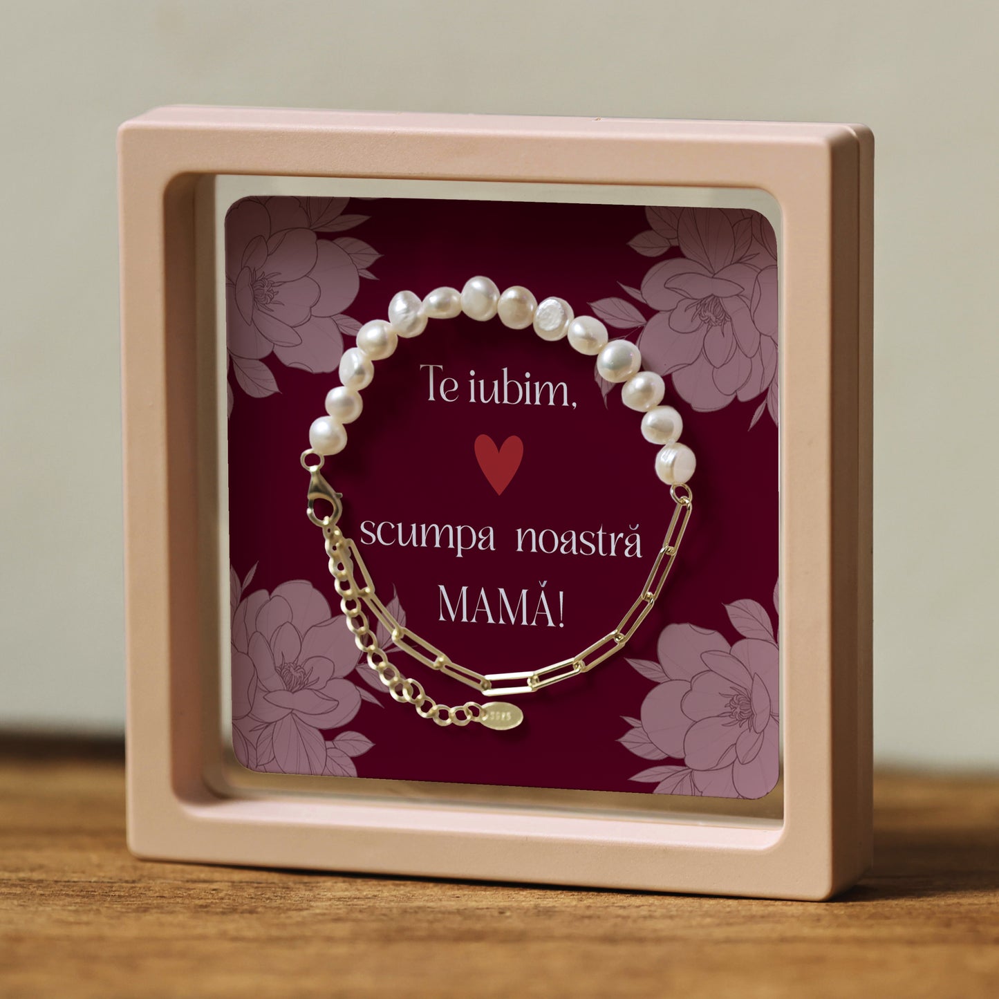 Cadou pentru Mamă ❤ Brățară din argint placat și perle, mesaj plural, ramă 3 culori