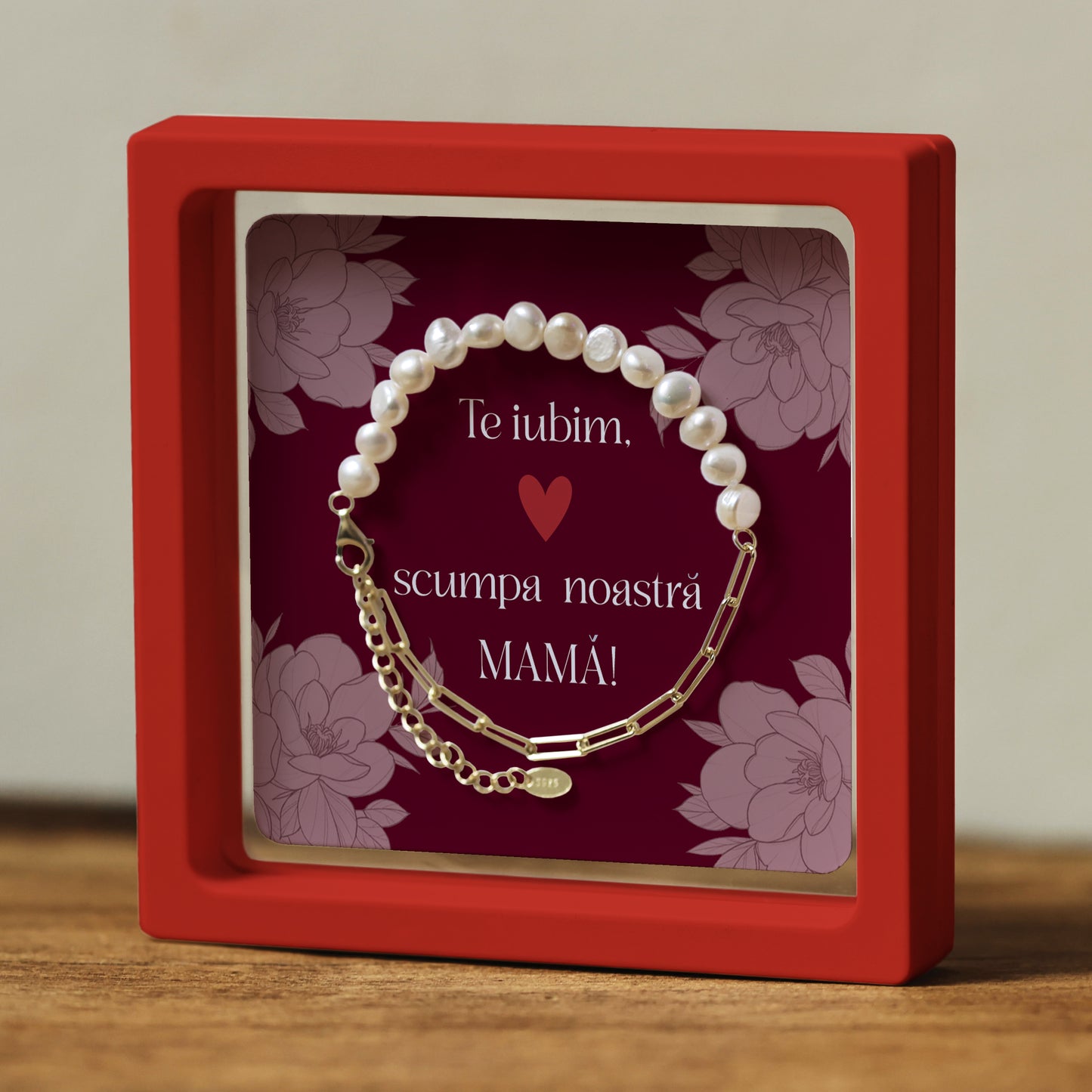 Cadou pentru Mamă ❤ Brățară din argint placat și perle, mesaj plural, ramă 3 culori