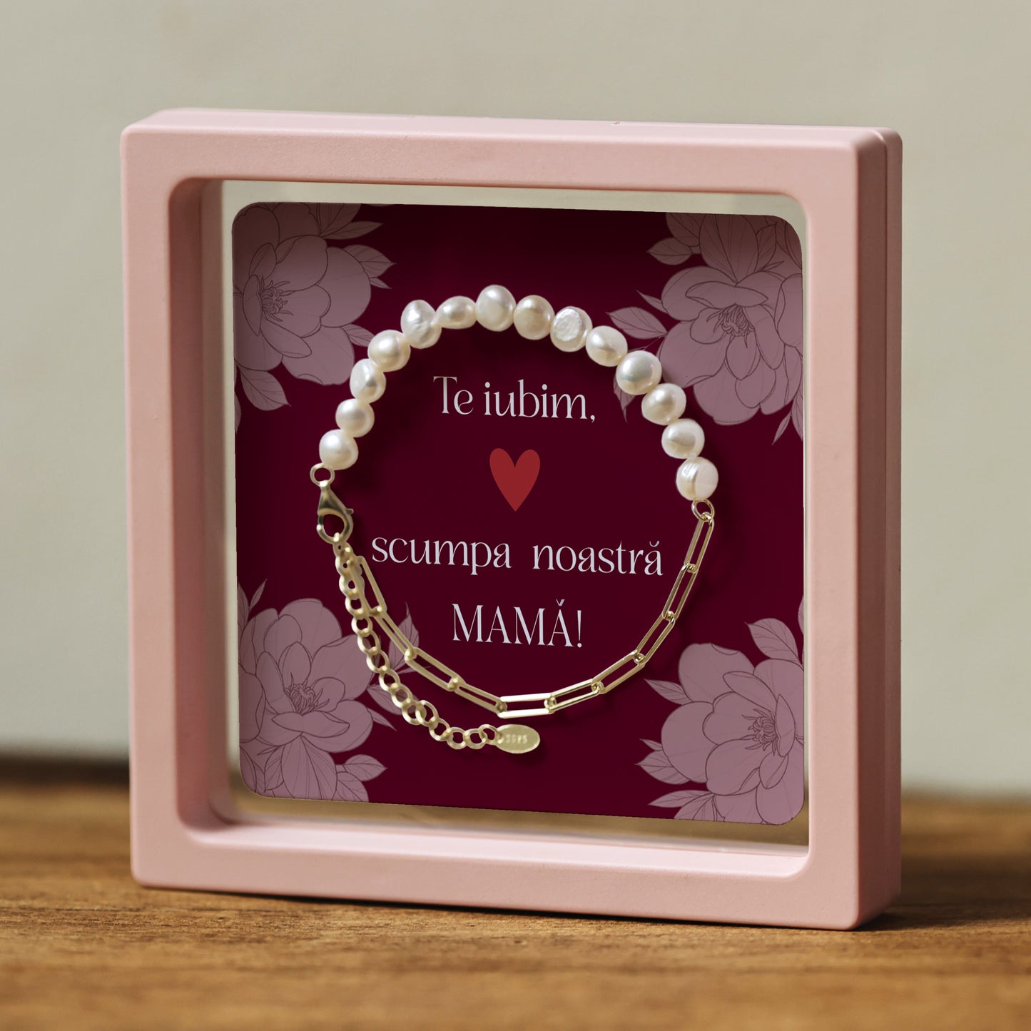 Cadou pentru Mamă ❤ Brățară din argint placat și perle, mesaj plural, ramă 3 culori