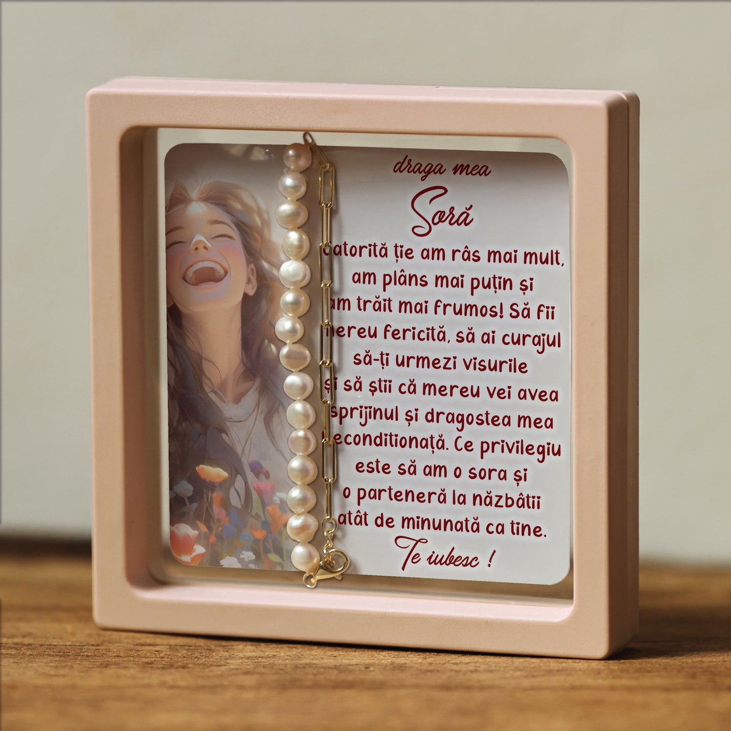 Cadou pentru Soră ❤ Brățară din argint placat și perle, cu mesaj, ramă 3 culori
