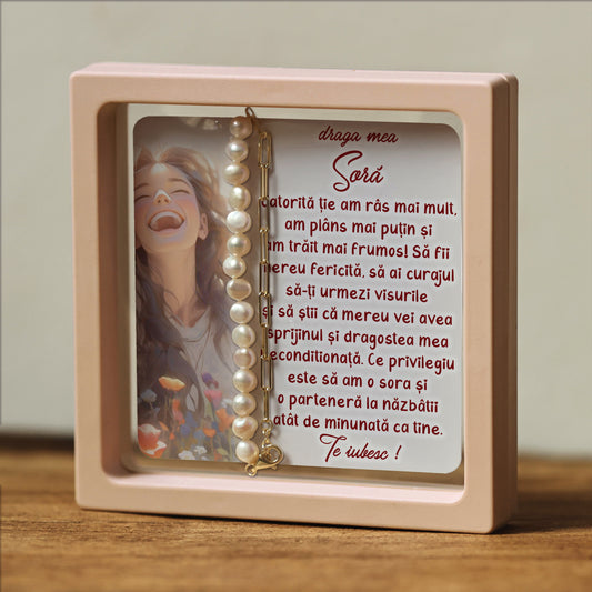 Cadou pentru Soră ❤ Brățară din argint placat și perle, cu mesaj, ramă 3 culori