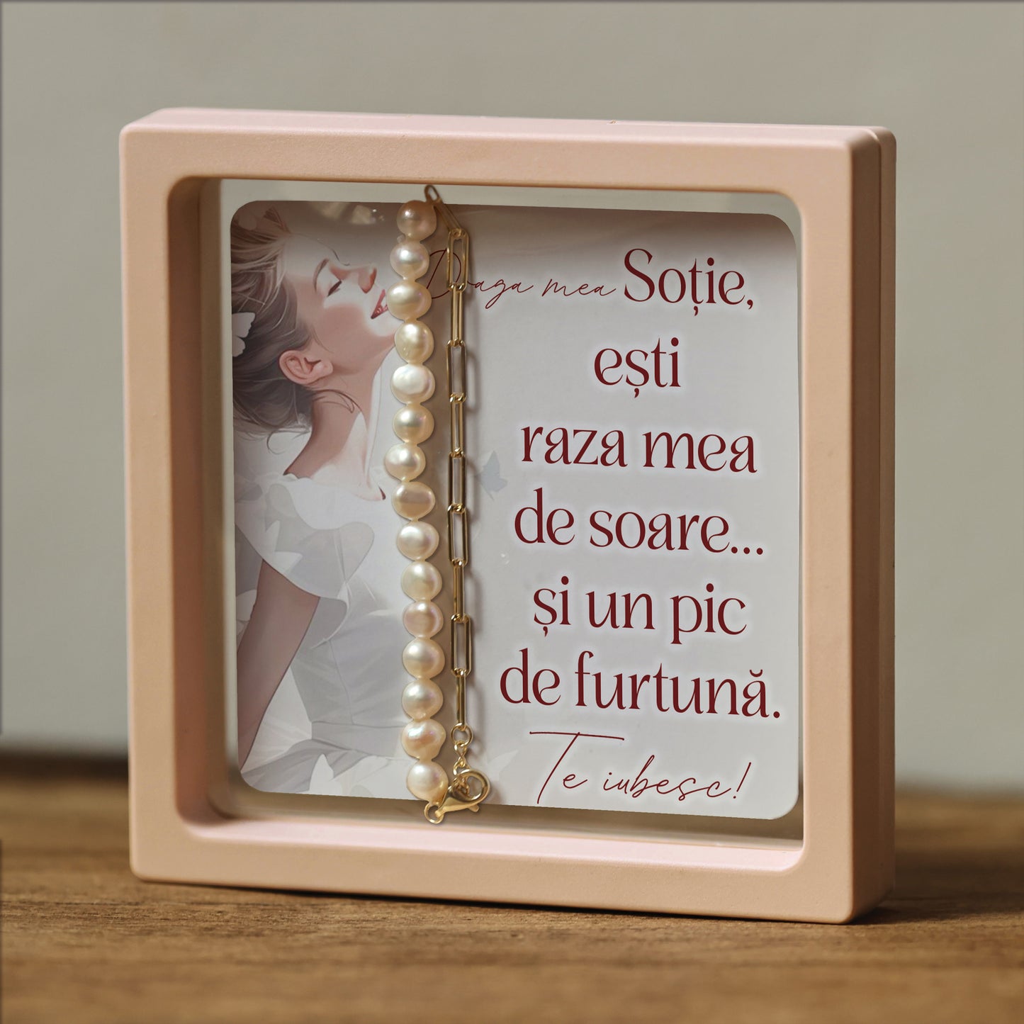 Cadou pentru Sotie ❤ Brățară din argint placat și perle, cu mesaj amuzant, ramă 3 culori