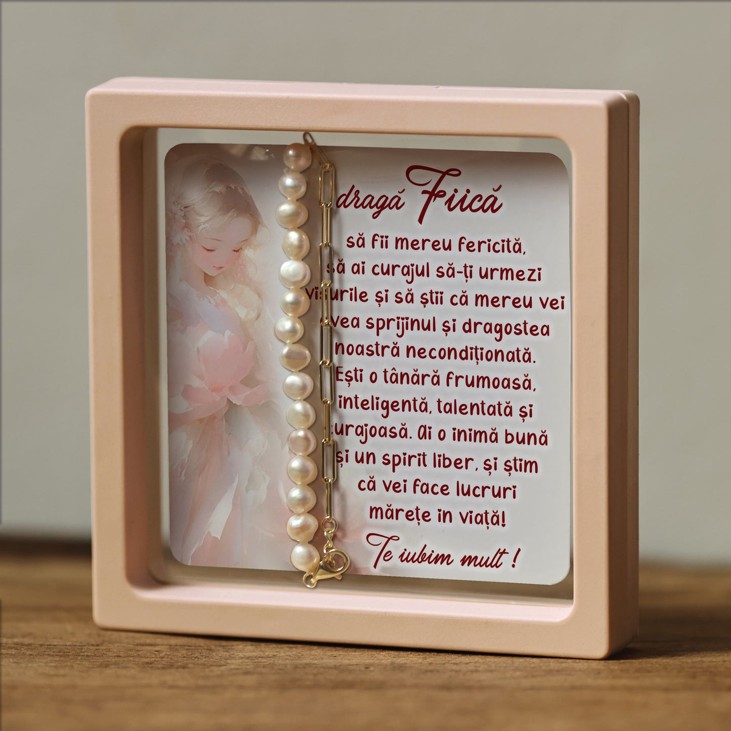 Cadou pentru Fiică ❤ Brățară din argint placat și perle, cu mesaj plural, ramă 3 culori