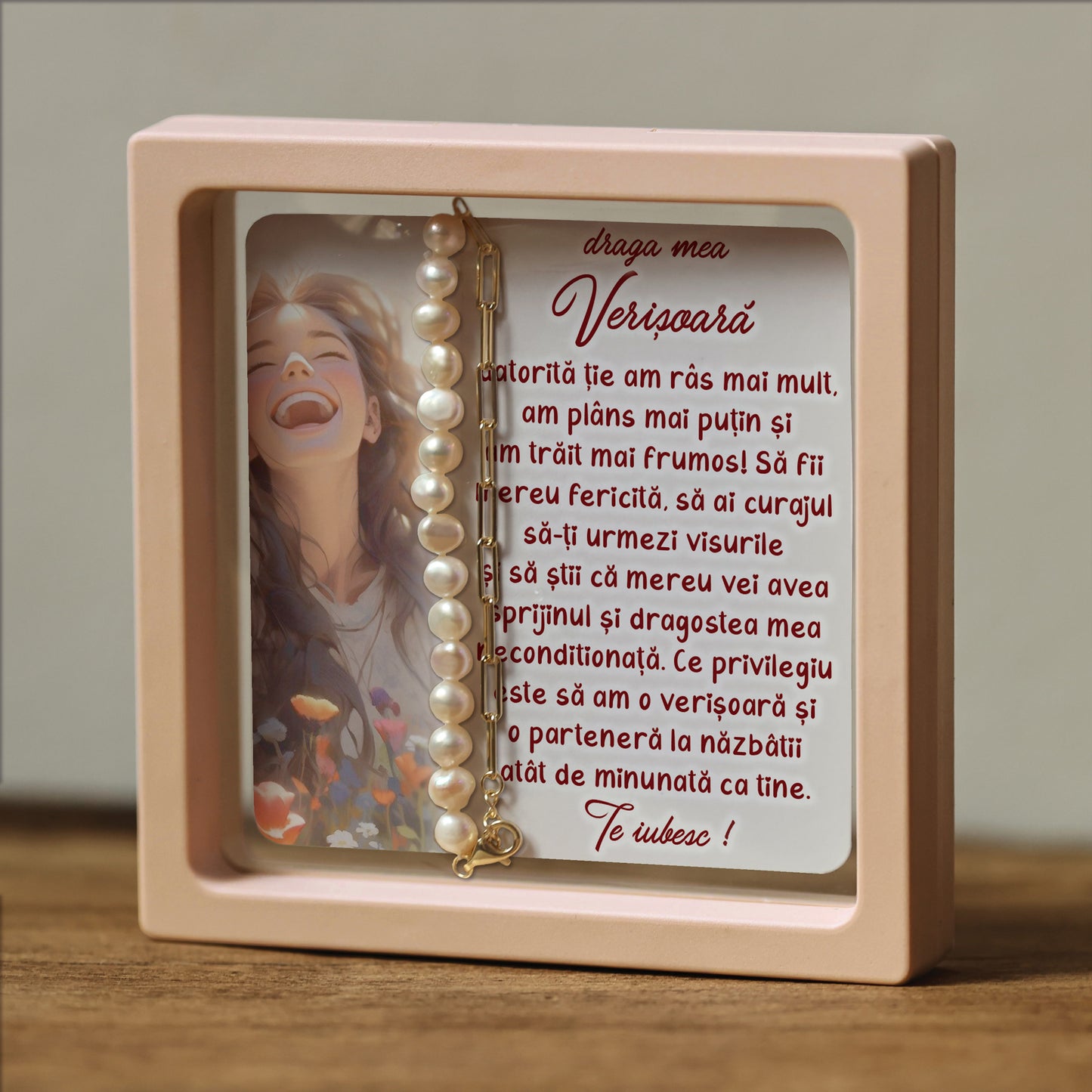 Cadou pentru Verișoară ❤ Brățară din argint placat și perle, cu mesaj, ramă 3 culori