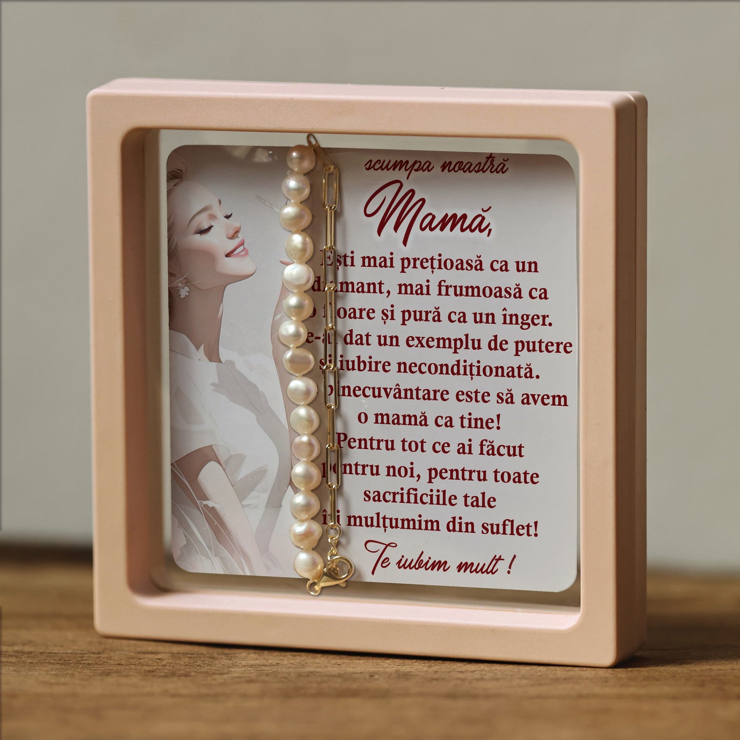 Cadou pentru Mamă ❤ Brățară din argint placat și perle, mesaj plural, ramă 3 culori