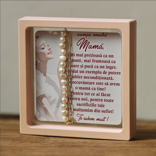Cadou pentru Mamă ❤ Brățară din argint placat și perle, mesaj plural, ramă 3 culori