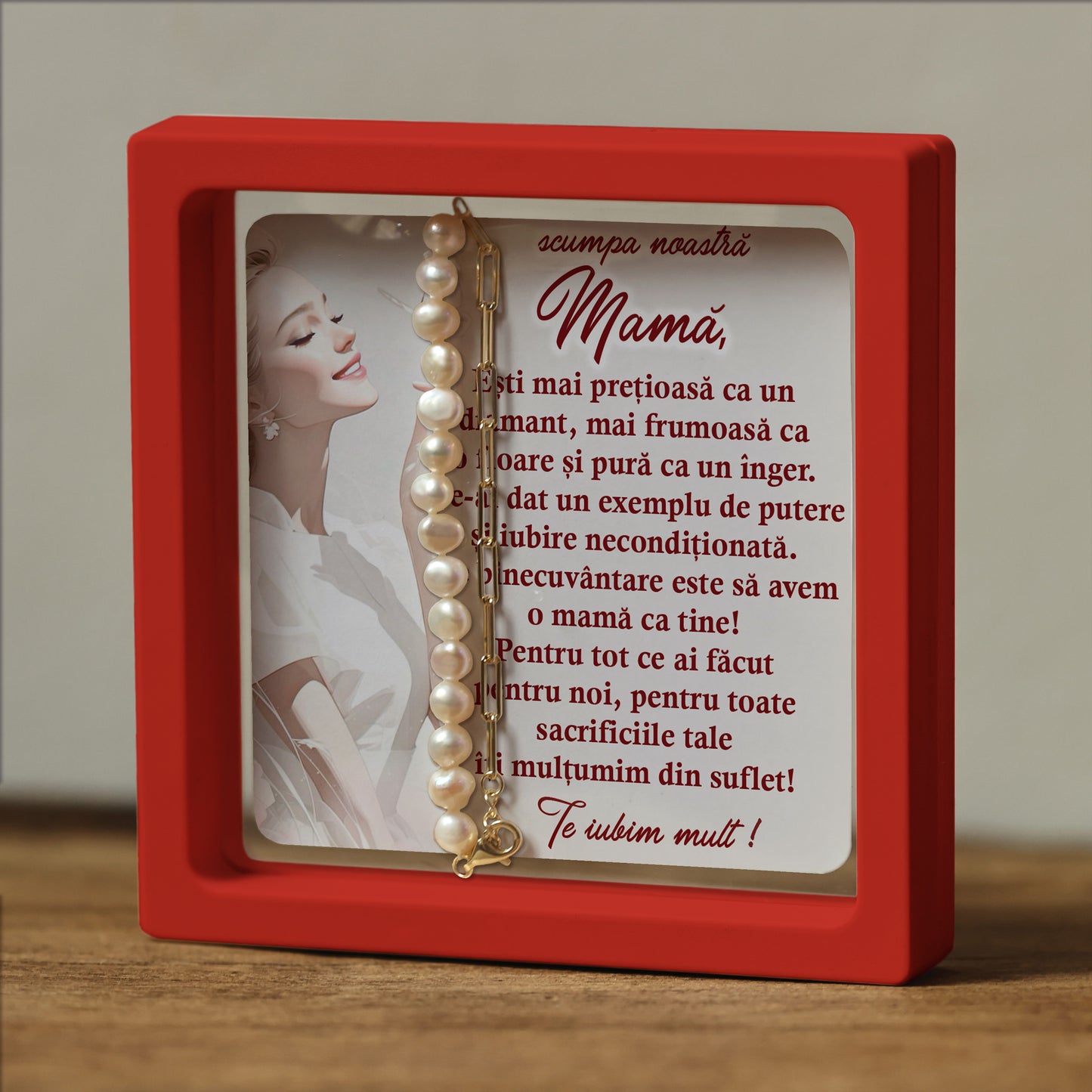 Cadou pentru Mamă ❤ Brățară din argint placat și perle, mesaj plural, ramă 3 culori