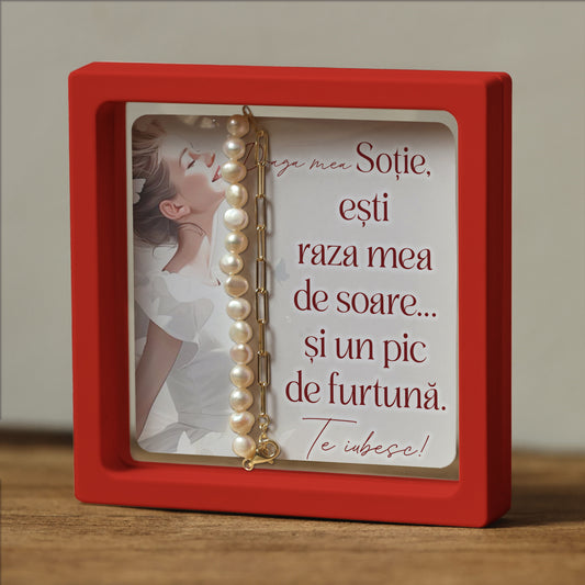 Cadou pentru Sotie ❤ Brățară din argint placat și perle, cu mesaj amuzant, ramă 3 culori