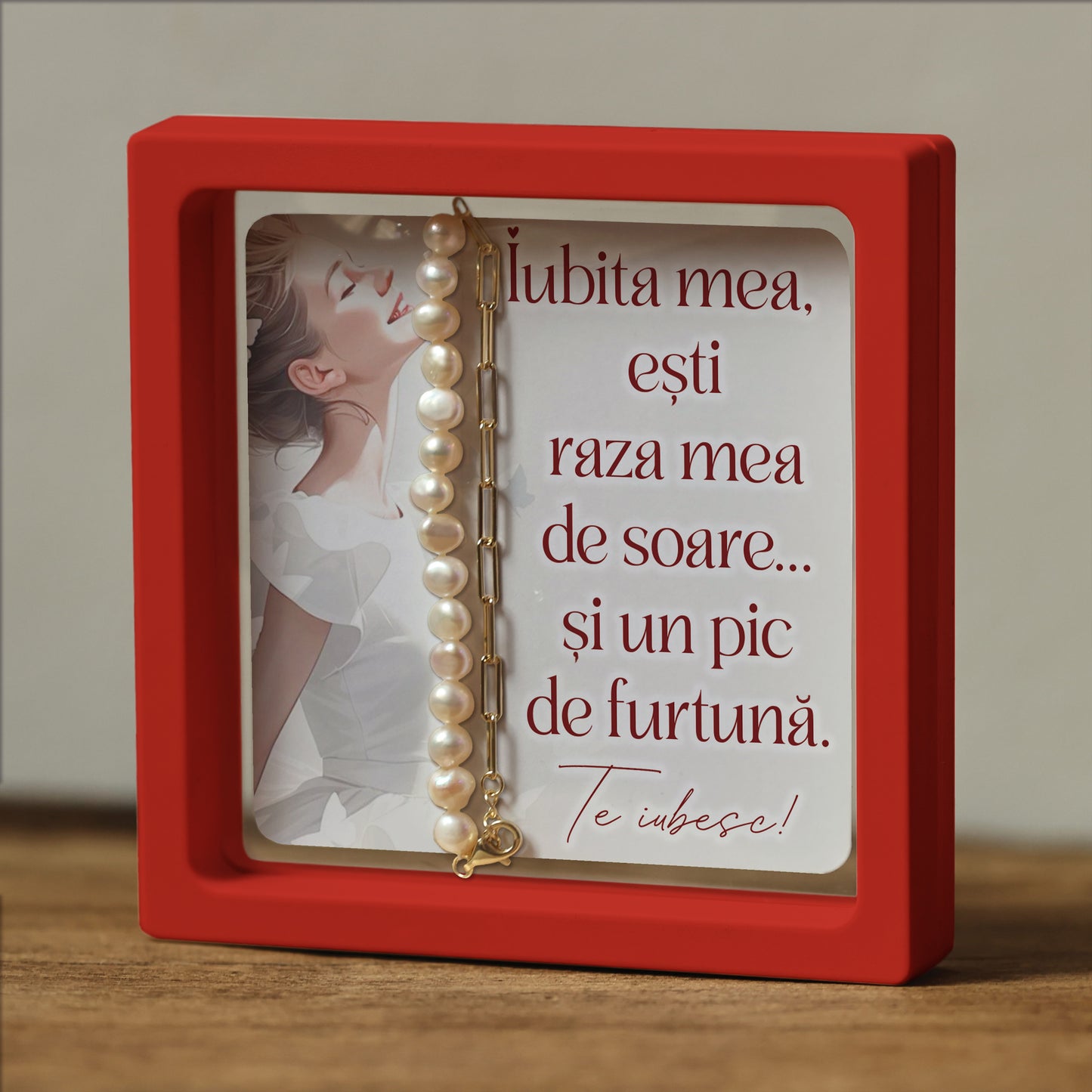Cadou pentru Iubită ❤ Brățară din argint placat și perle, cu mesaj amuzant, ramă 3 culori